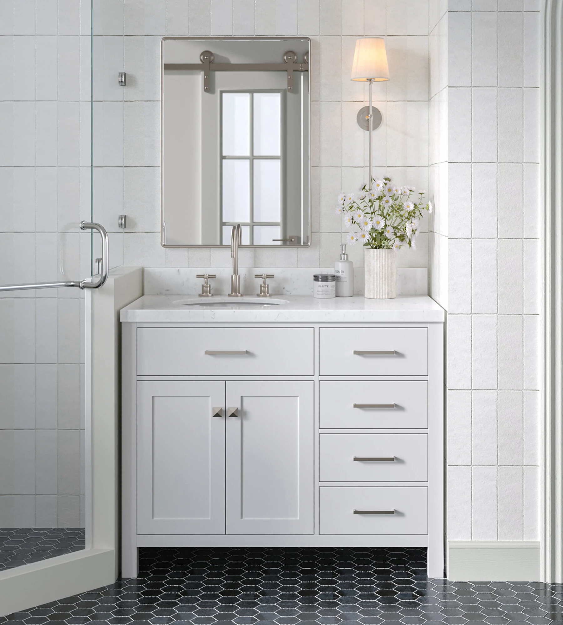 ARIEL Bristol 42 In. Left Offset Single Sink Base Cabinet In White