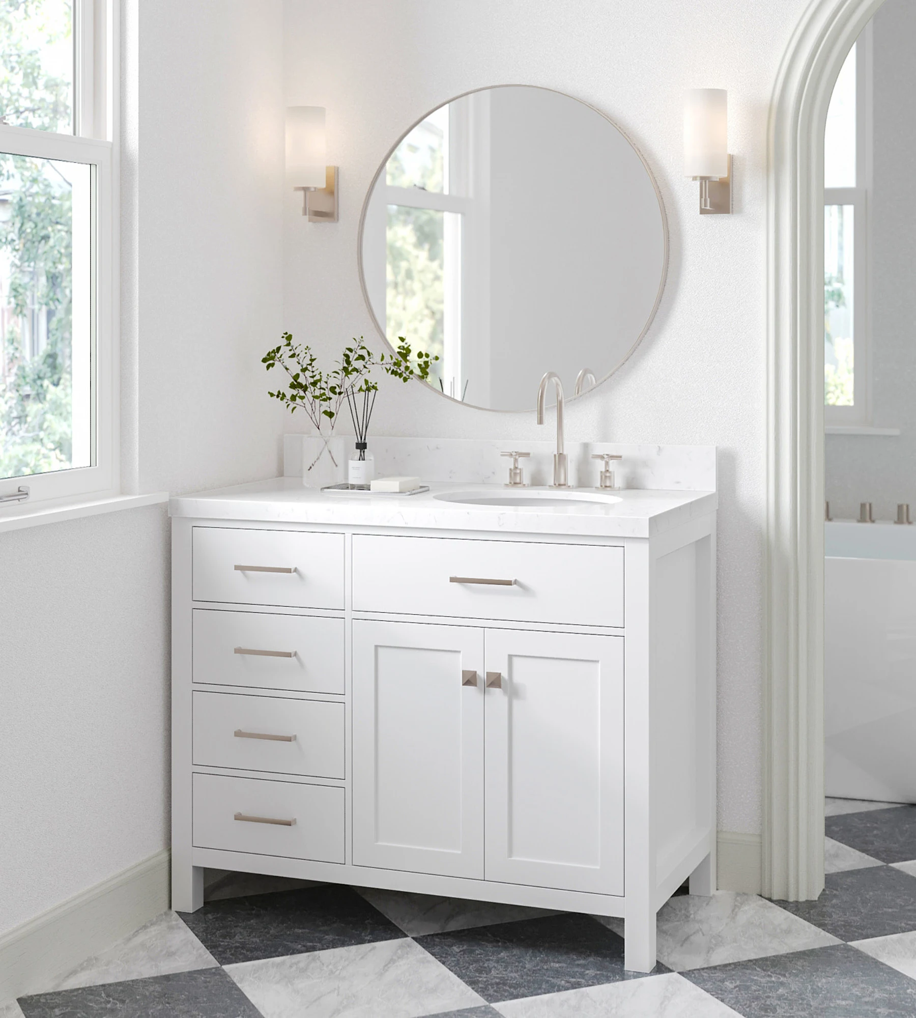 ARIEL Bristol 42 In. Right Offset Single Sink Base Cabinet In White