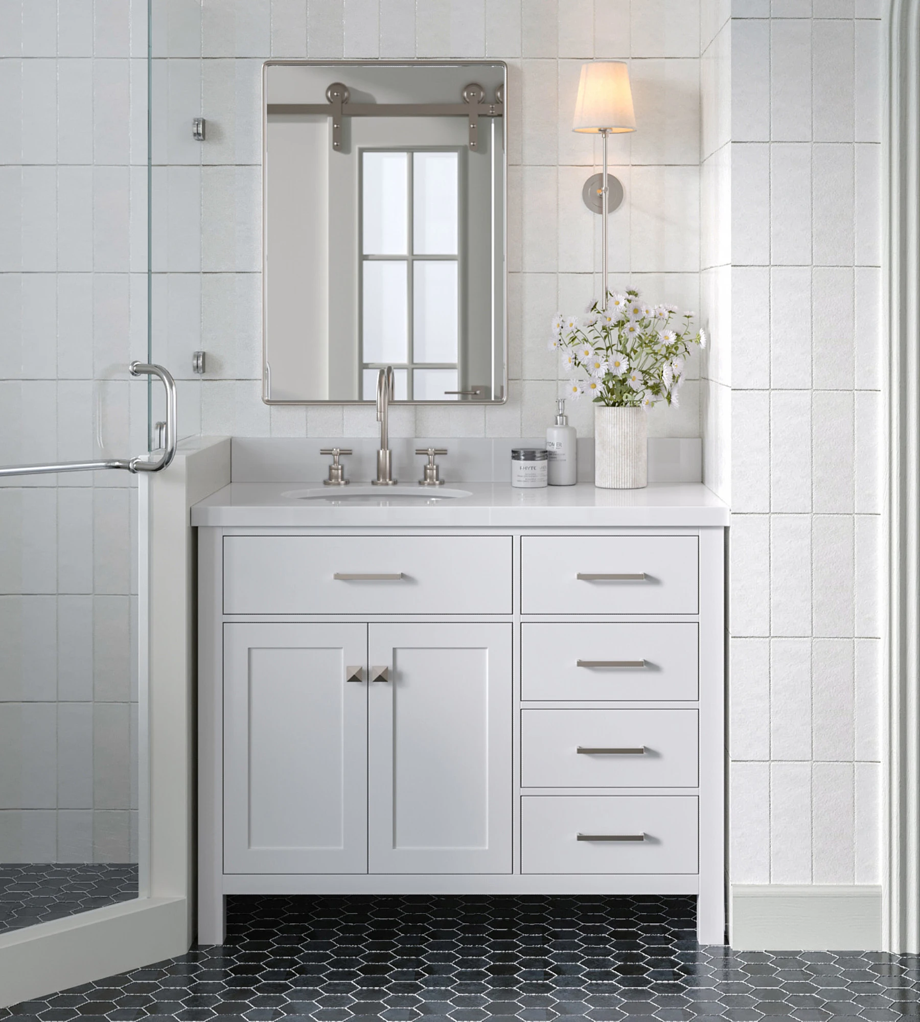 ARIEL Bristol 43 In. Left Offset Single Oval Sink Vanity With White Quartz Countertop In White