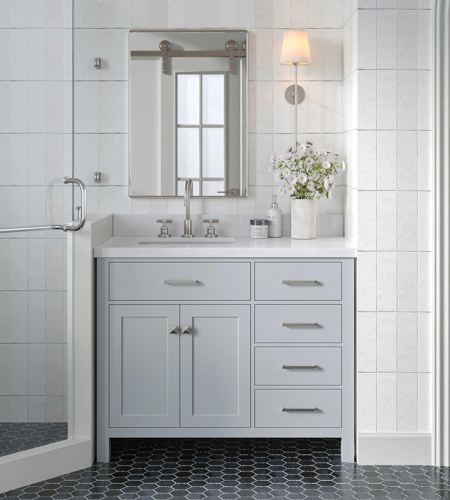 ARIEL Bristol 43 In. Left Offset Single Rectangle Sink Vanity With White Quartz Countertop In Grey