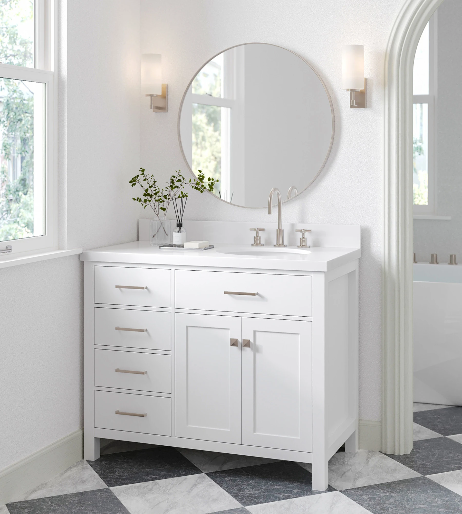 ARIEL Bristol 43 In. Right Offset Single Oval Sink Vanity With White Quartz Countertop In White