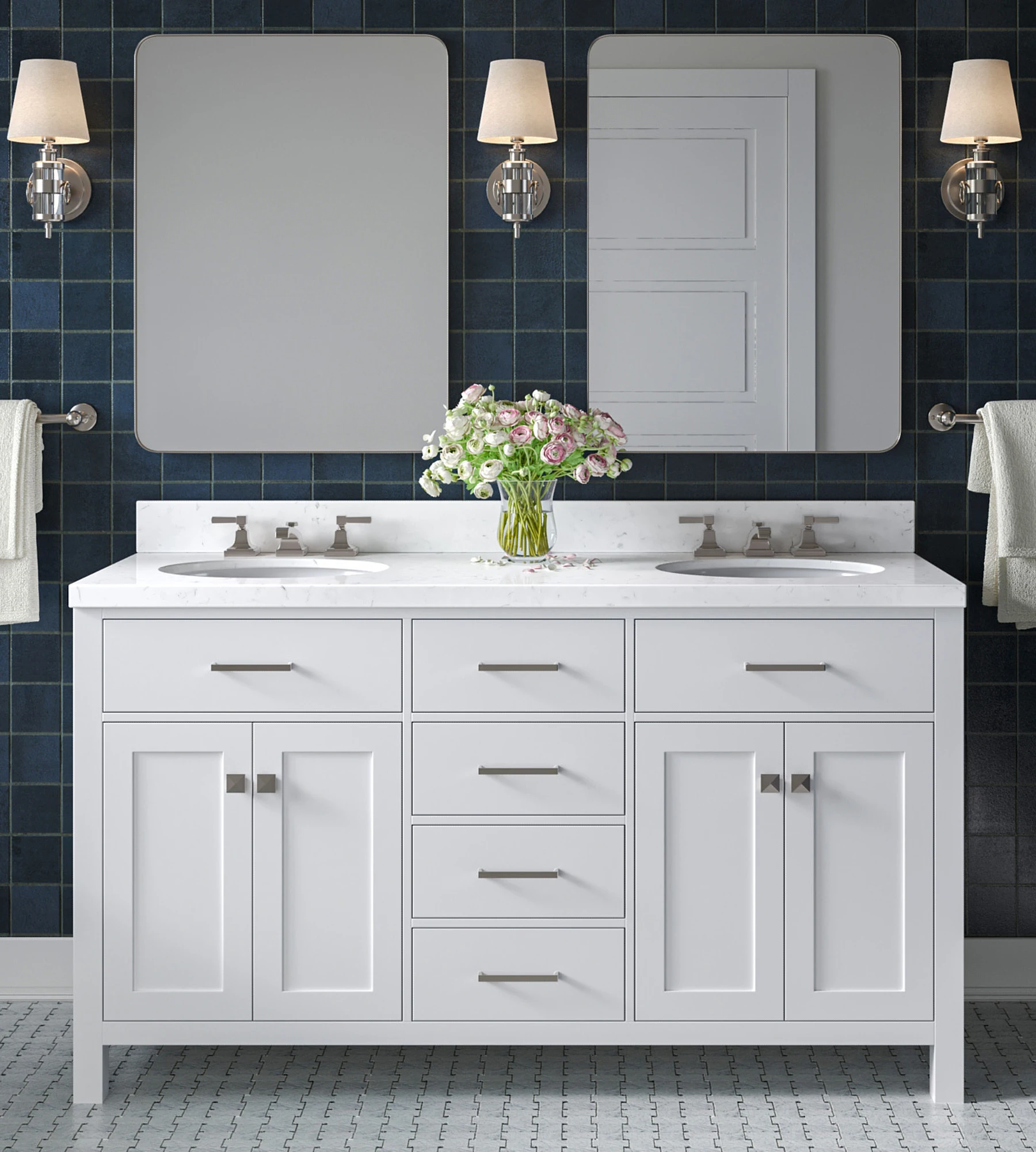 ARIEL Bristol 60 In. Double Sink Base Cabinet In White