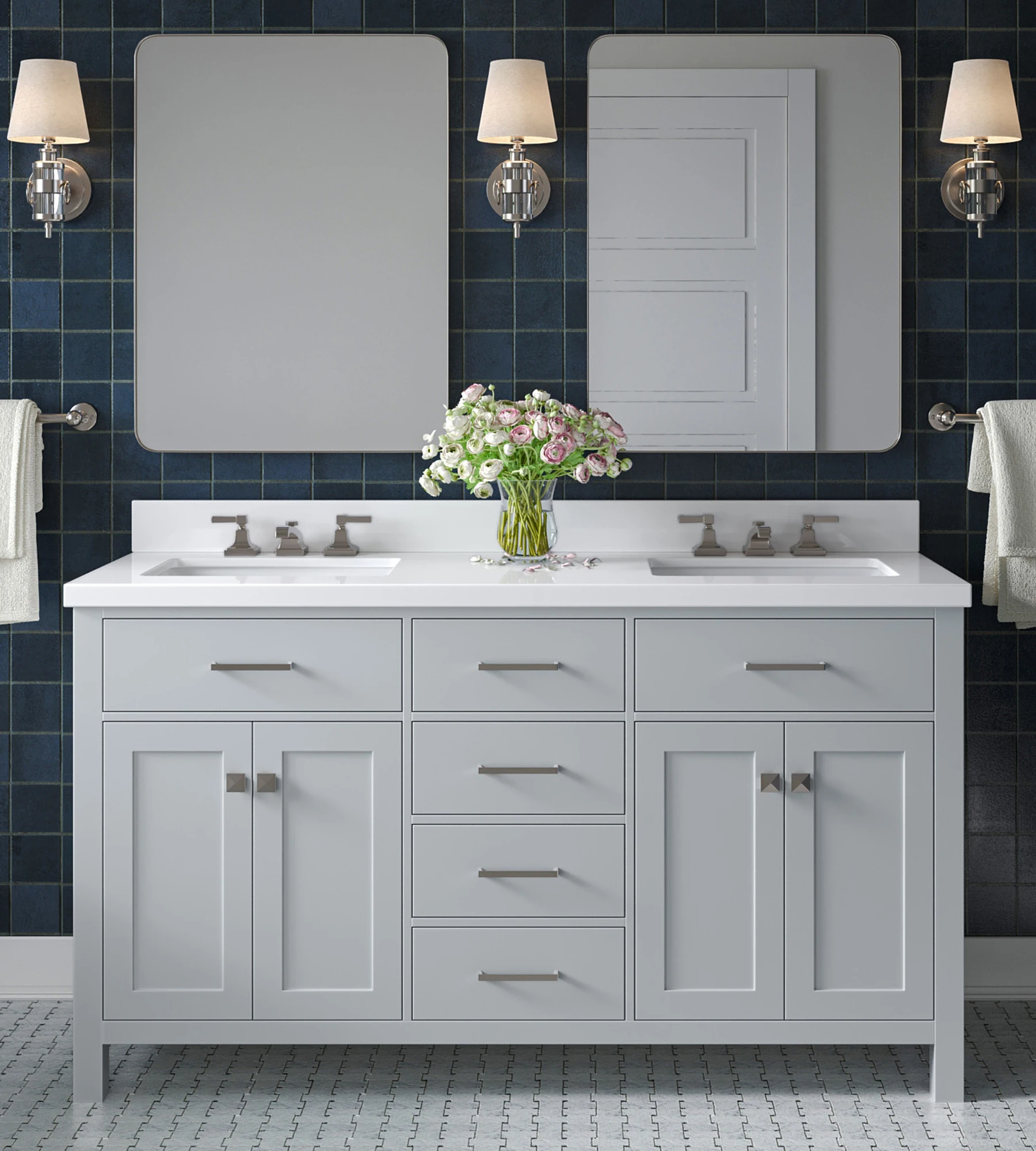 ARIEL Bristol 61 In. Double Rectangle Sink Vanity With White Quartz Countertop In Grey