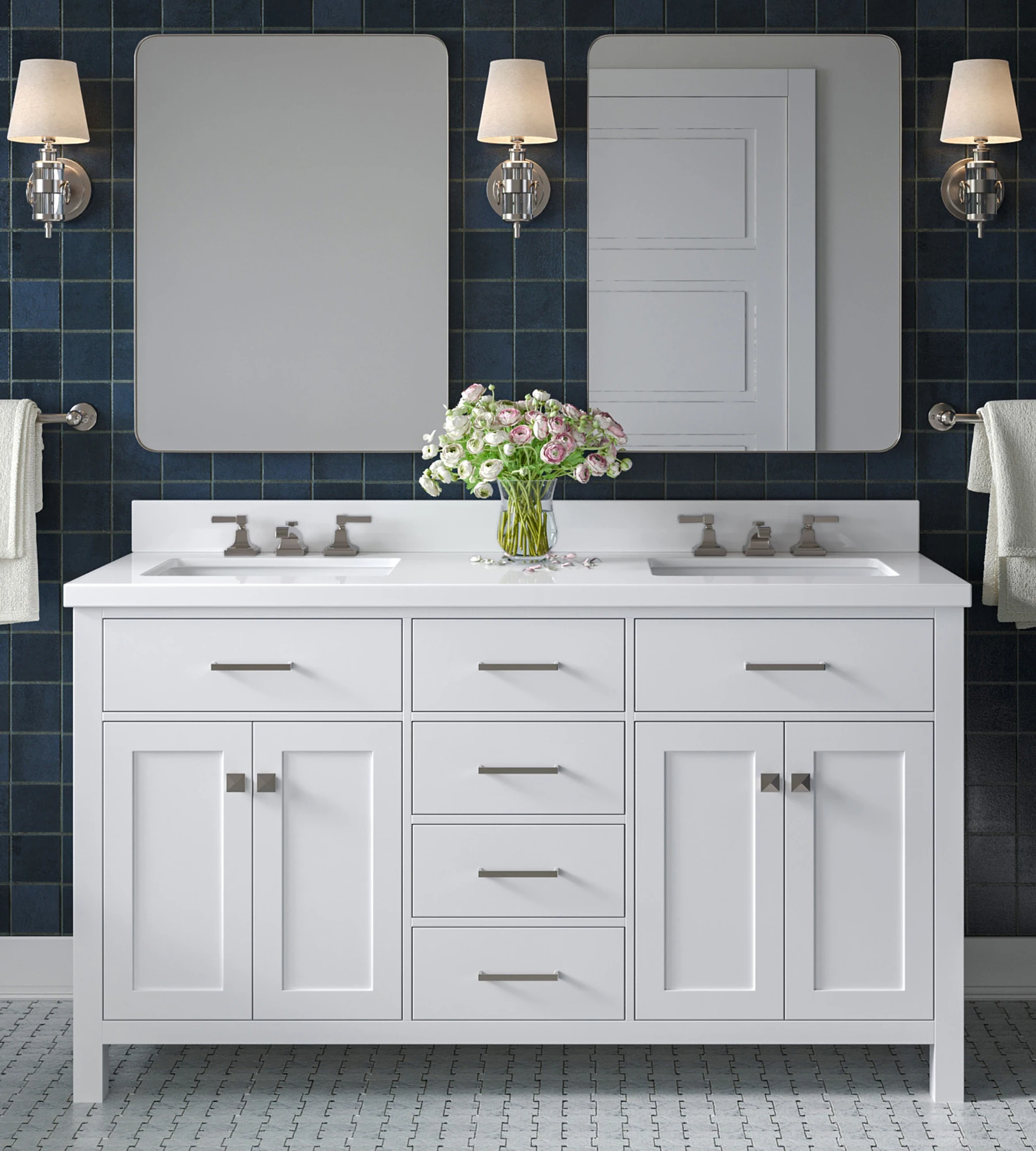 ARIEL Bristol 61 In. Double Rectangle Sink Vanity With White Quartz Countertop In White