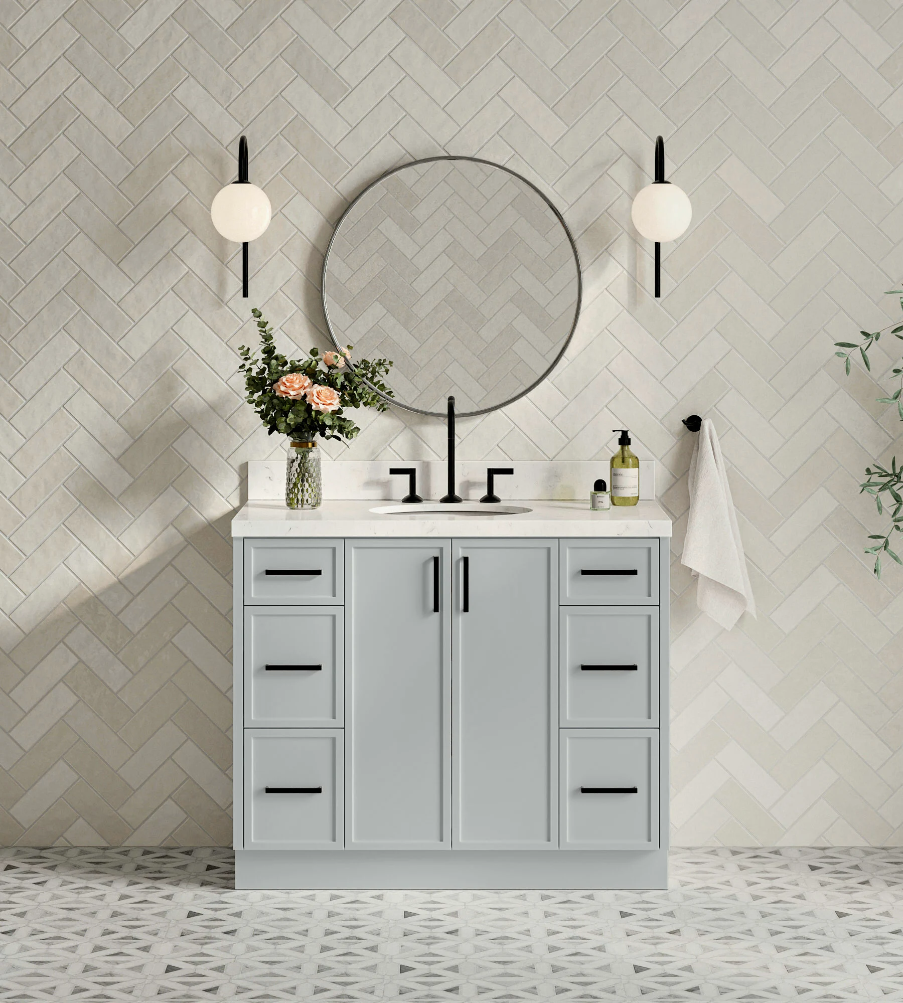 ARIEL Kelly 42 Inch Single Oval Sink Bathroom Vanity With Carrara White Quartz Countertop 1.5 Inch Edge In Grey