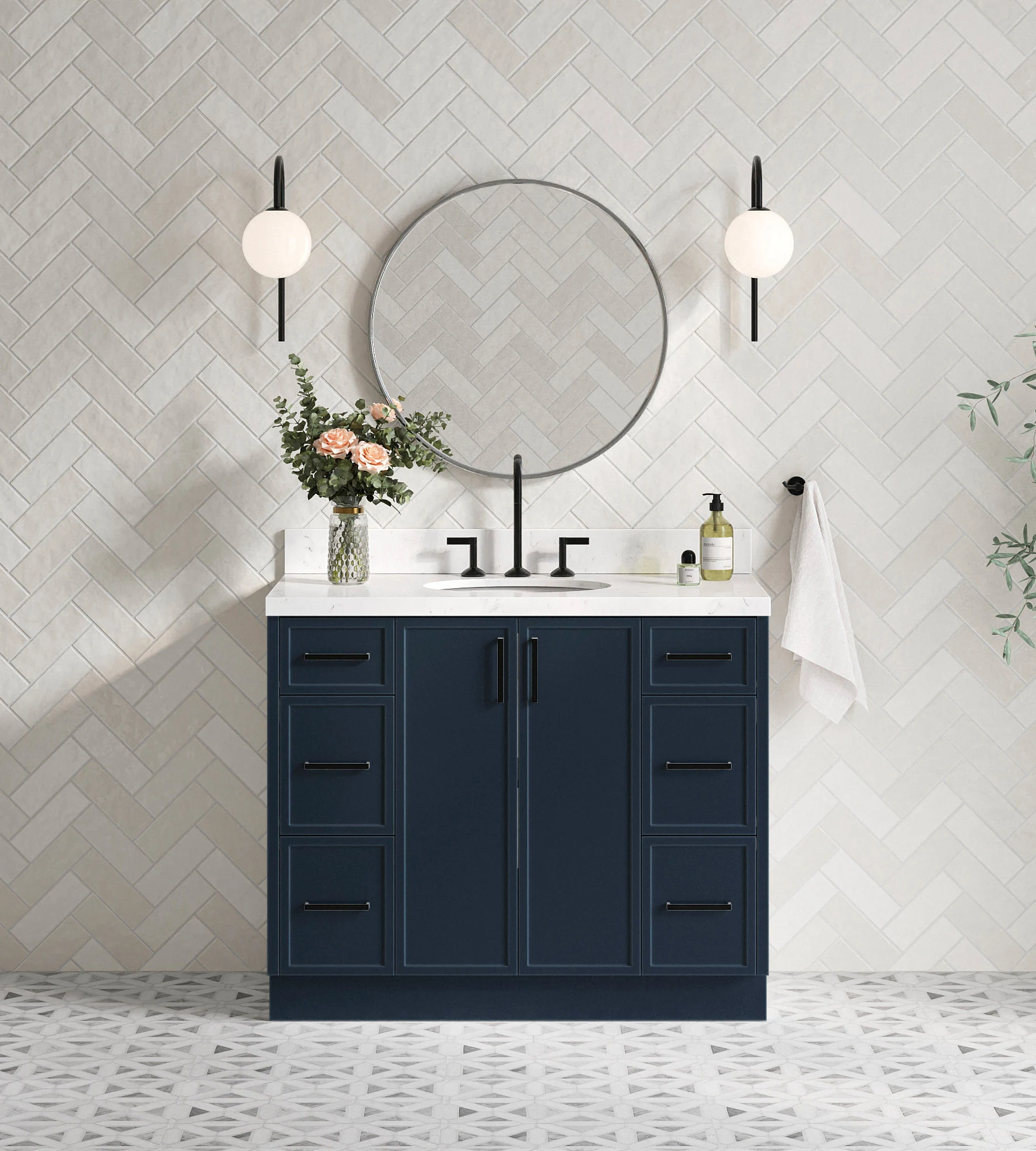ARIEL Kelly 42 Inch Single Oval Sink Bathroom Vanity With Carrara White Quartz Countertop 1.5 Inch Edge In Midnight Blue
