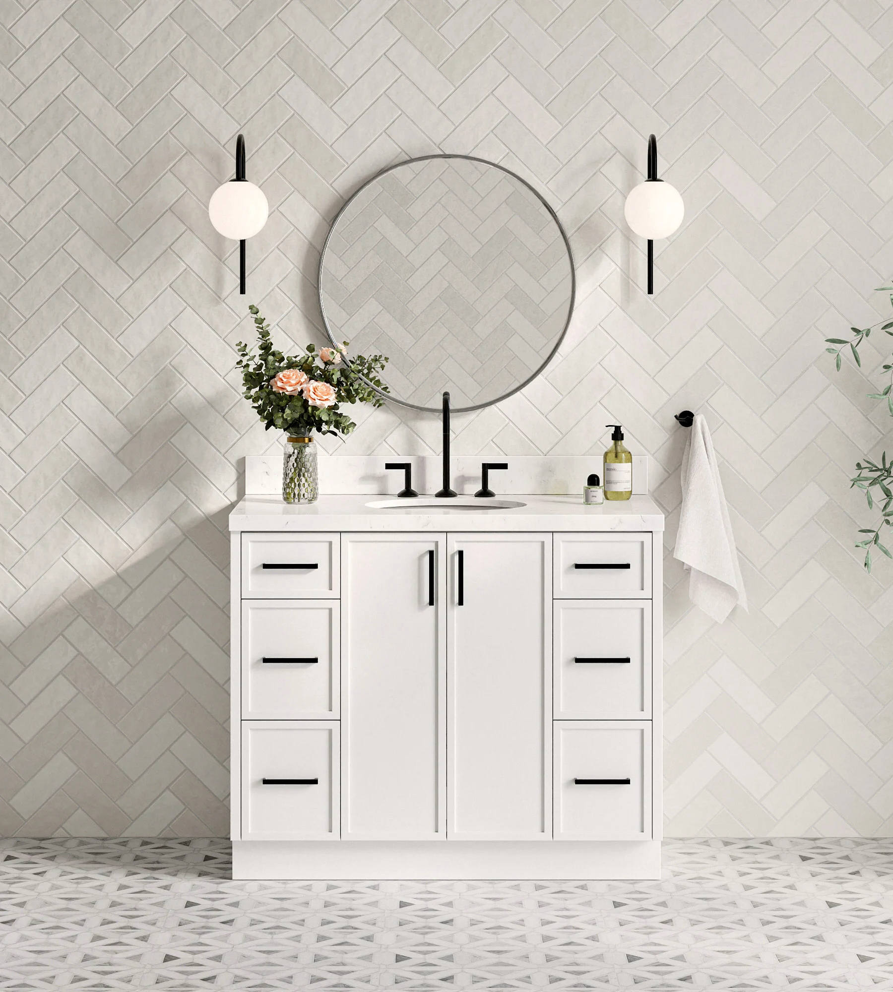 ARIEL Kelly 42 Inch Single Oval Sink Bathroom Vanity With Carrara White Quartz Countertop 1.5 Inch Edge In White