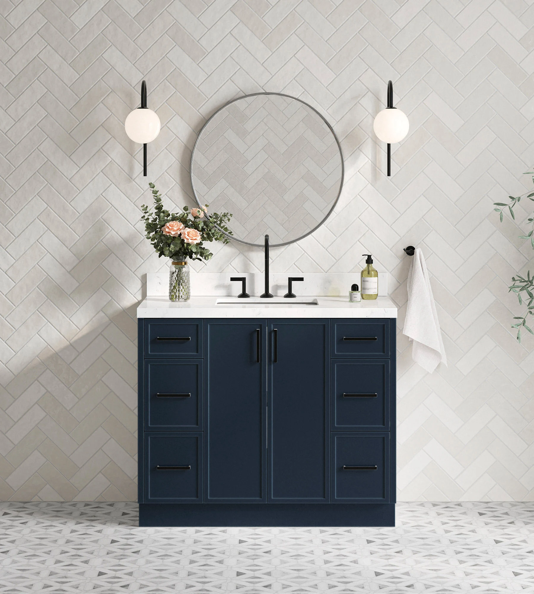 ARIEL Kelly 42 Inch Single Rectangle Sink Bathroom Vanity With Carrara White Quartz Countertop 1.5 Inch Edge In Midnight Blue