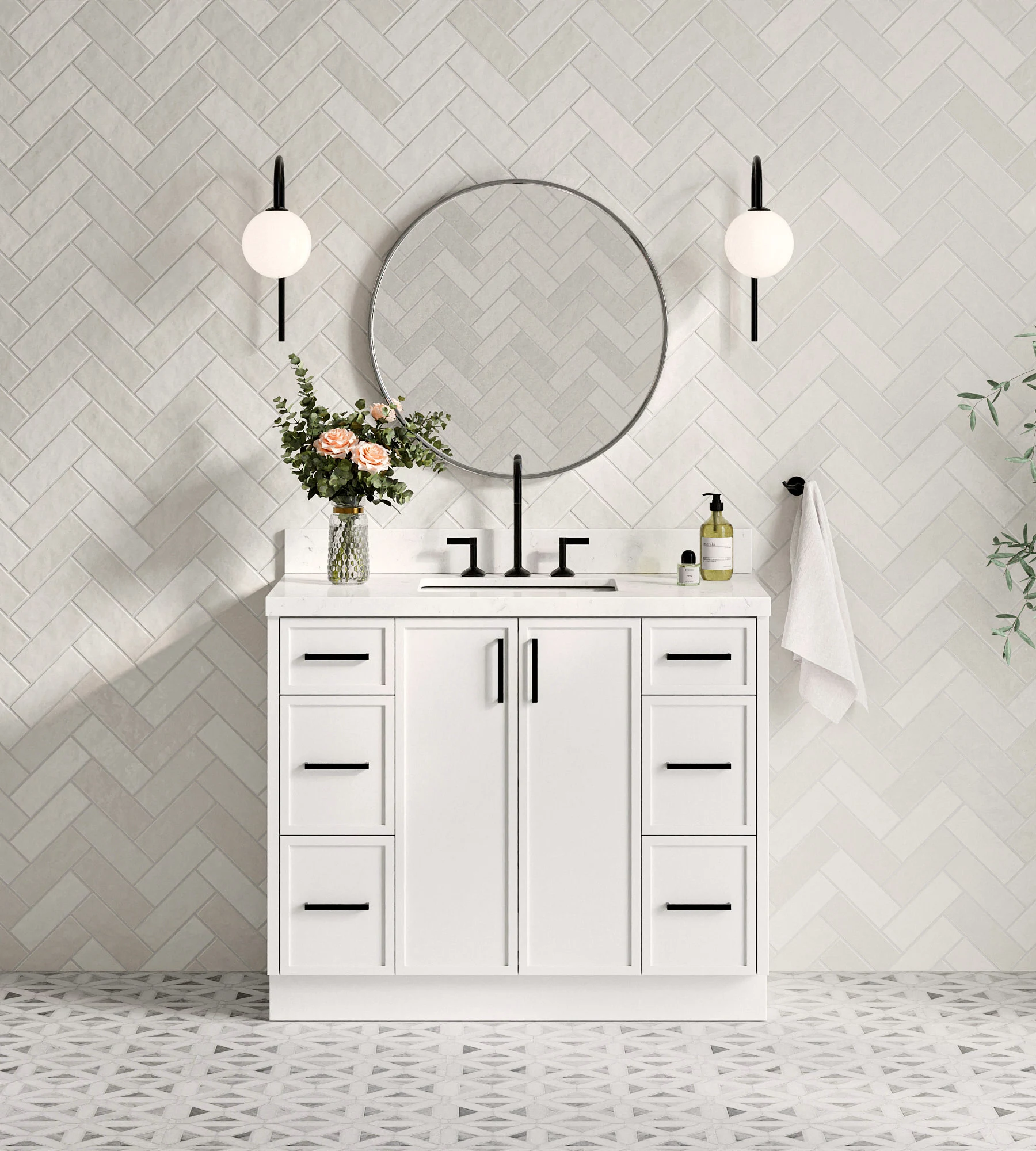 ARIEL Kelly 42 Inch Single Rectangular Sink Bathroom Vanity With Carrara White Quartz Countertop 1.5 Inch Edge In White
