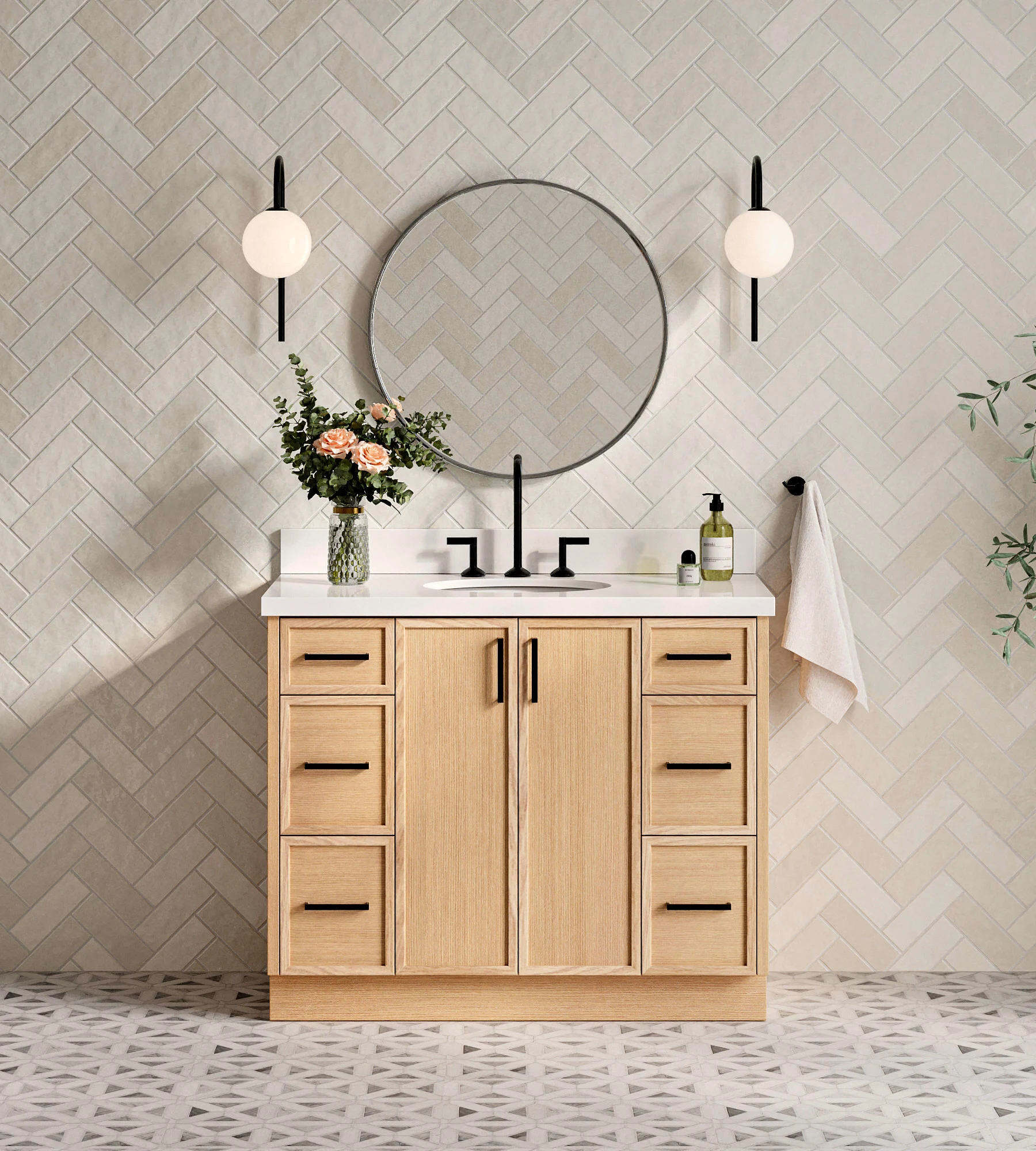 ARIEL Kelly 43 Inch Single Oval Sink Bathroom Vanity With Pure White Quartz Countertop 1.5 Inch Edge In Oak