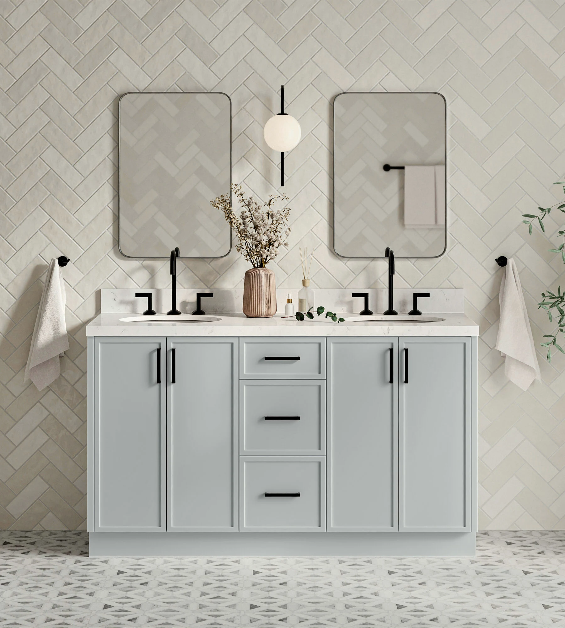 ARIEL Kelly 60 Inch Double Sink Base Cabinet In Grey