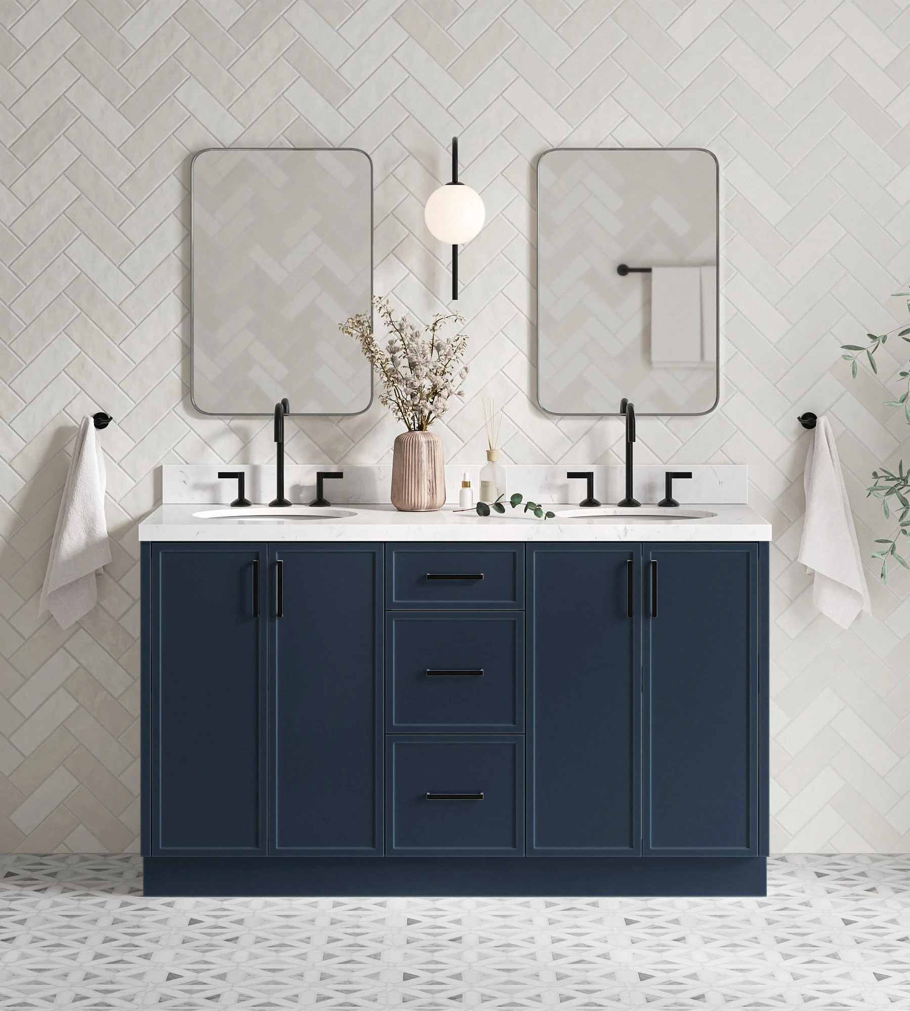 ARIEL Kelly 60 Inch Double Oval Sink Bathroom Vanity With Carrara White Quartz Countertop 1.5 Inch Edge In Midnight Blue