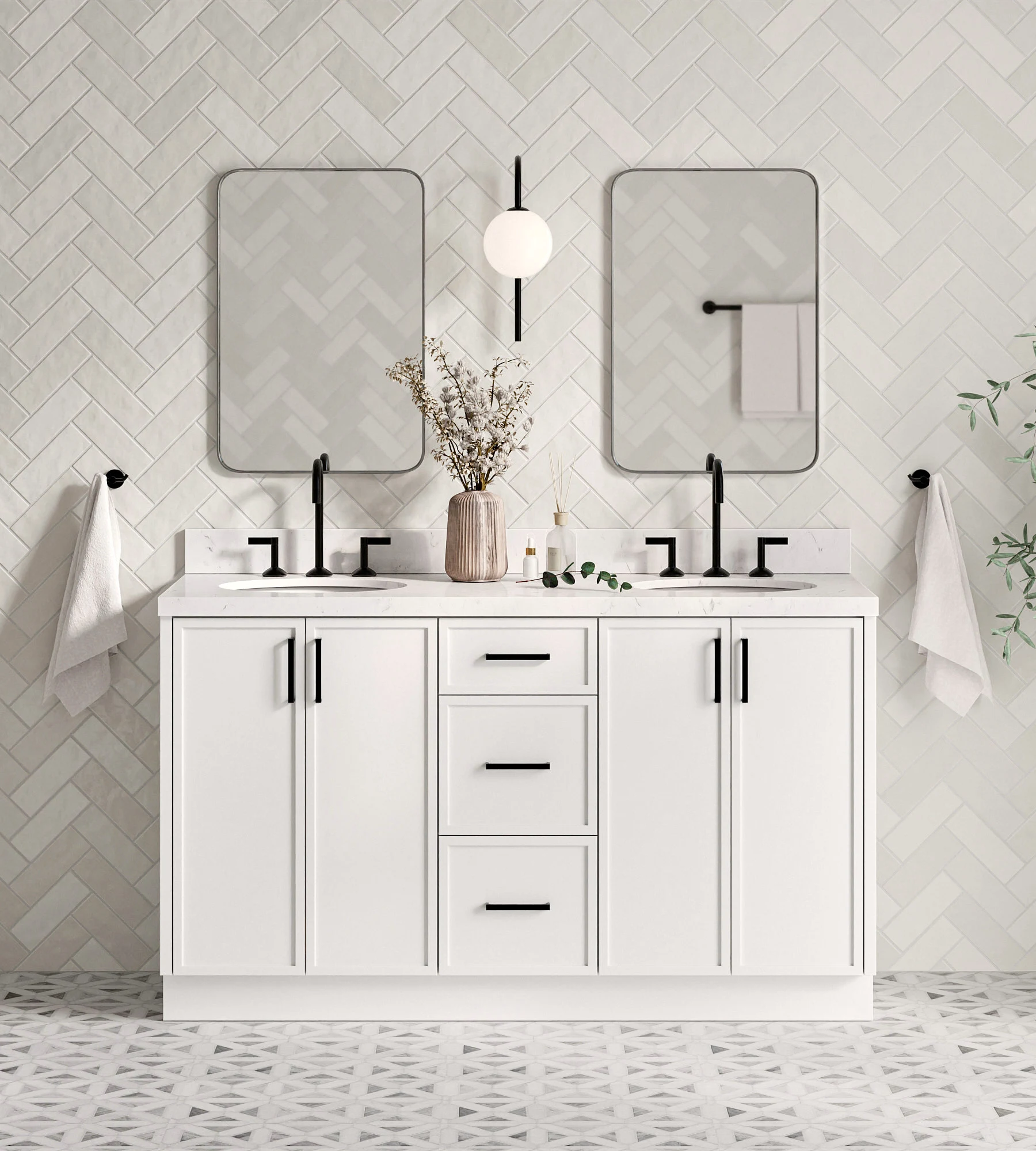 ARIEL Kelly 60 Inch Double Oval Sink Bathroom Vanity With Carrara White Quartz Countertop 1.5 Inch Edge In White