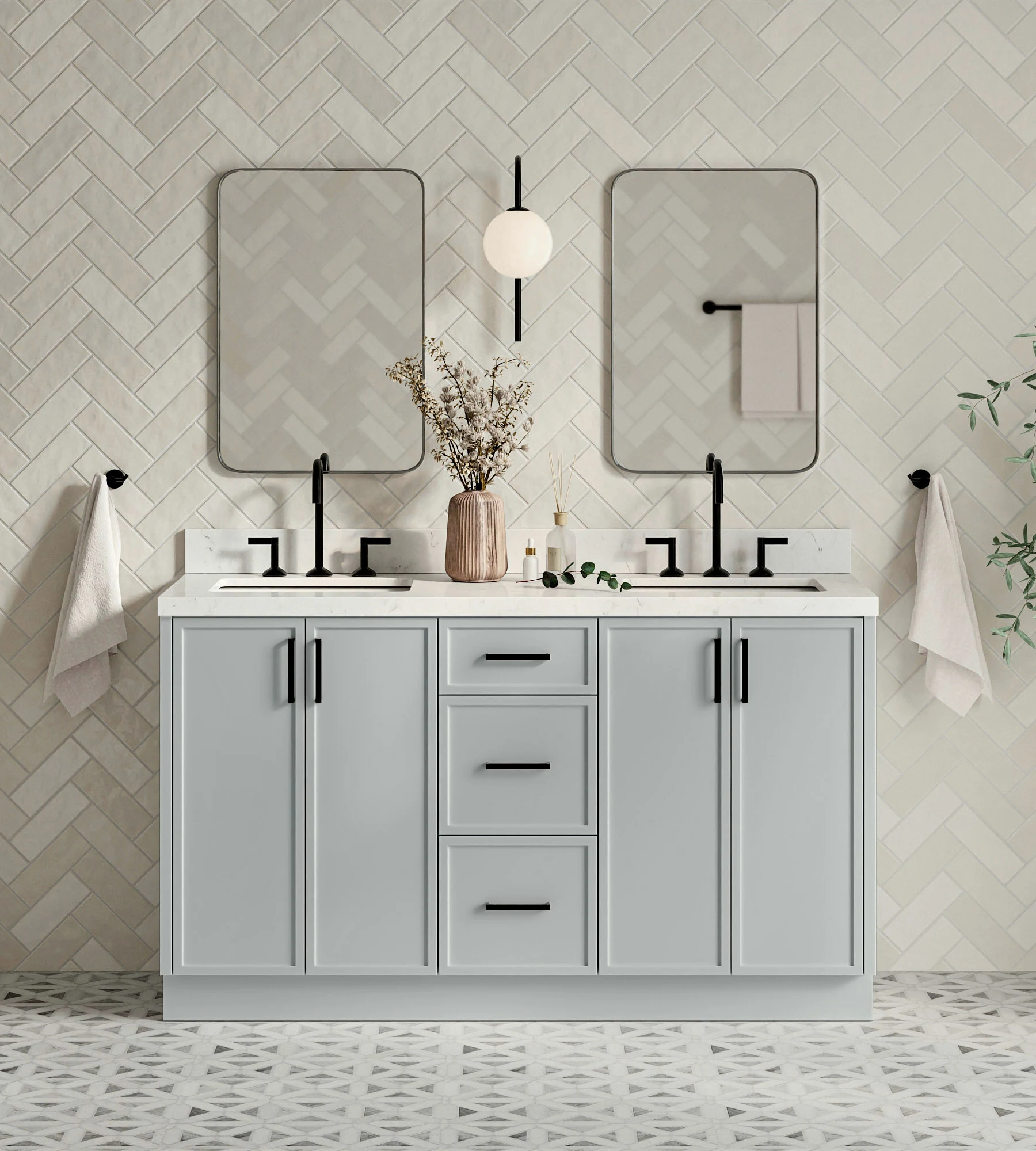 ARIEL Kelly 60 Inch Double Rectangular Sink Bathroom Vanity With Carrara White Quartz Countertop 1.5 Inch Edge In Grey