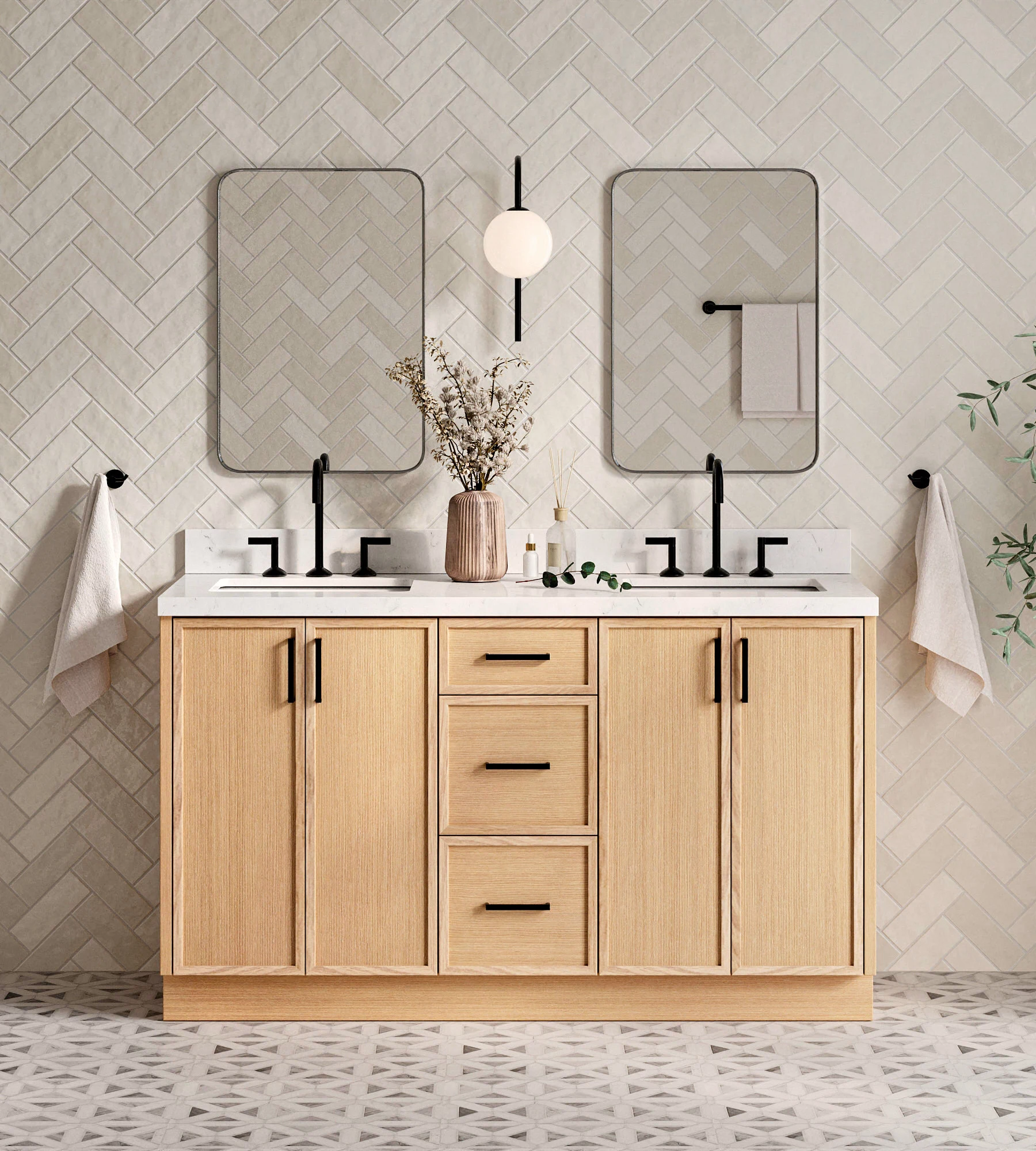 ARIEL Kelly 60 Inch Double Rectangle Sink Bathroom Vanity With Carrara White Quartz Countertop 1.5 Inch Edge In Oak