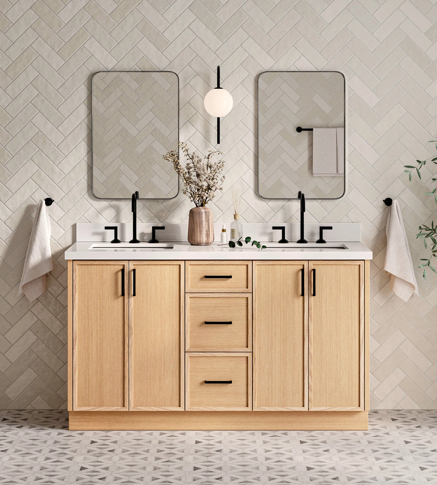 ARIEL Kelly 61 Inch Double Rectangle Sink Bathroom Vanity With Pure White Quartz Countertop 1.5 Inch Edge In Oak