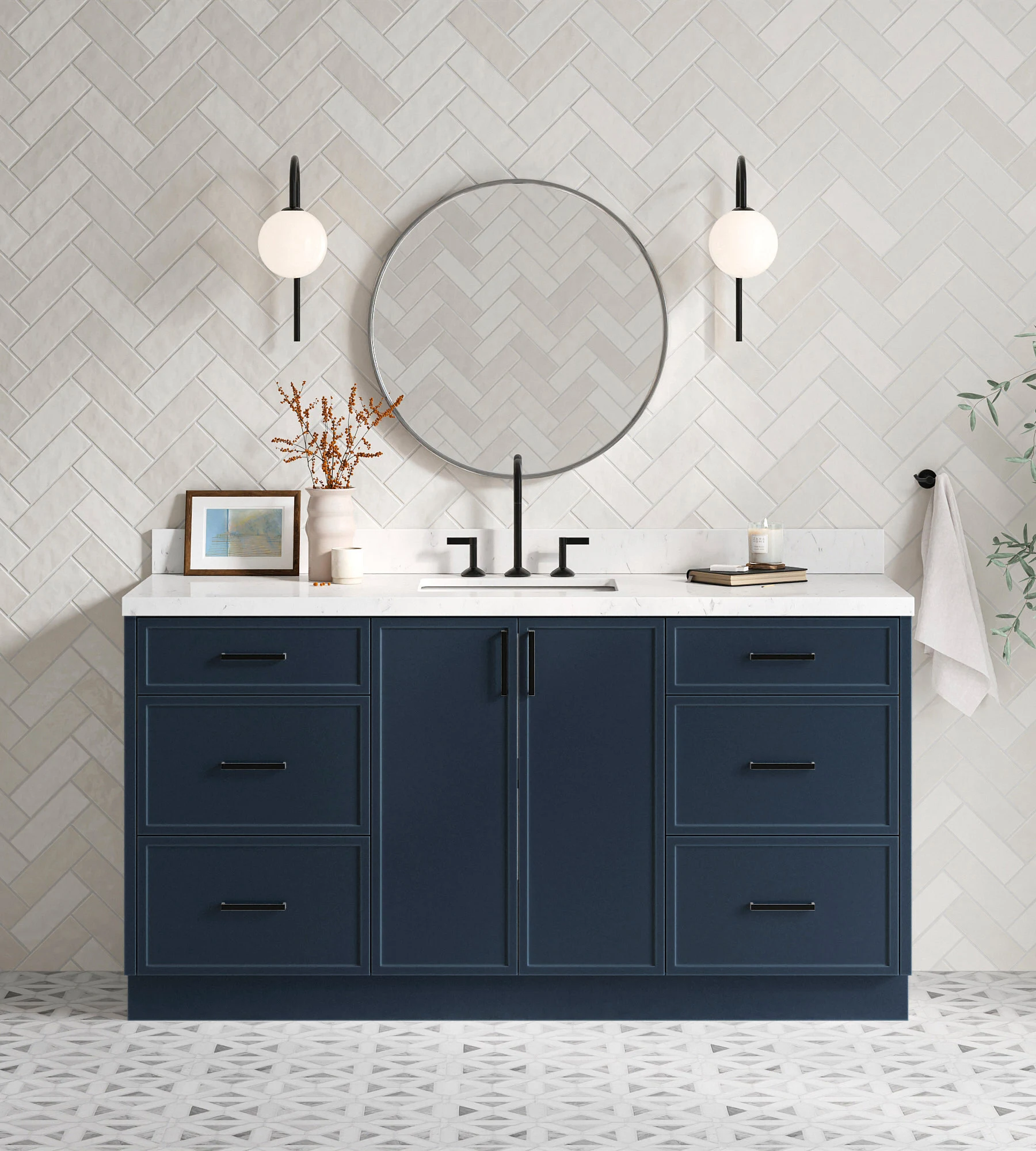 ARIEL Kelly 66 Inch Single Rectangle Sink Bathroom Vanity With Carrara White Quartz Countertop 1.5 Inch Edge In Midnight Blue