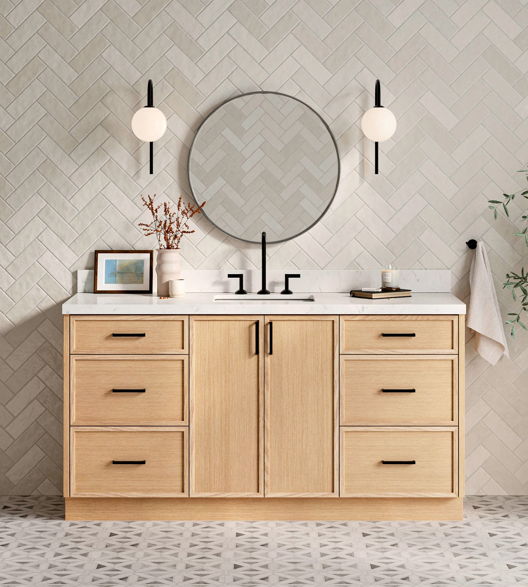 ARIEL Kelly 66 Inch Single Rectangle Sink Bathroom Vanity With Carrara White Quartz Countertop 1.5 Inch Edge In Oak