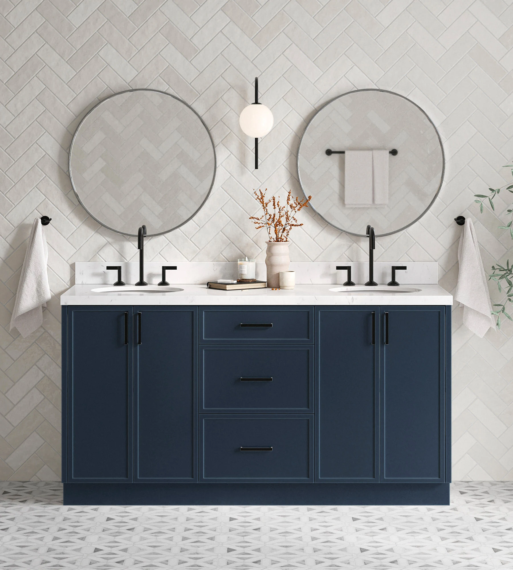 ARIEL Kelly 66 Inch Double Oval Sink Bathroom Vanity With Carrara White Quartz Countertop 1.5 Inch Edge In Midnight Blue