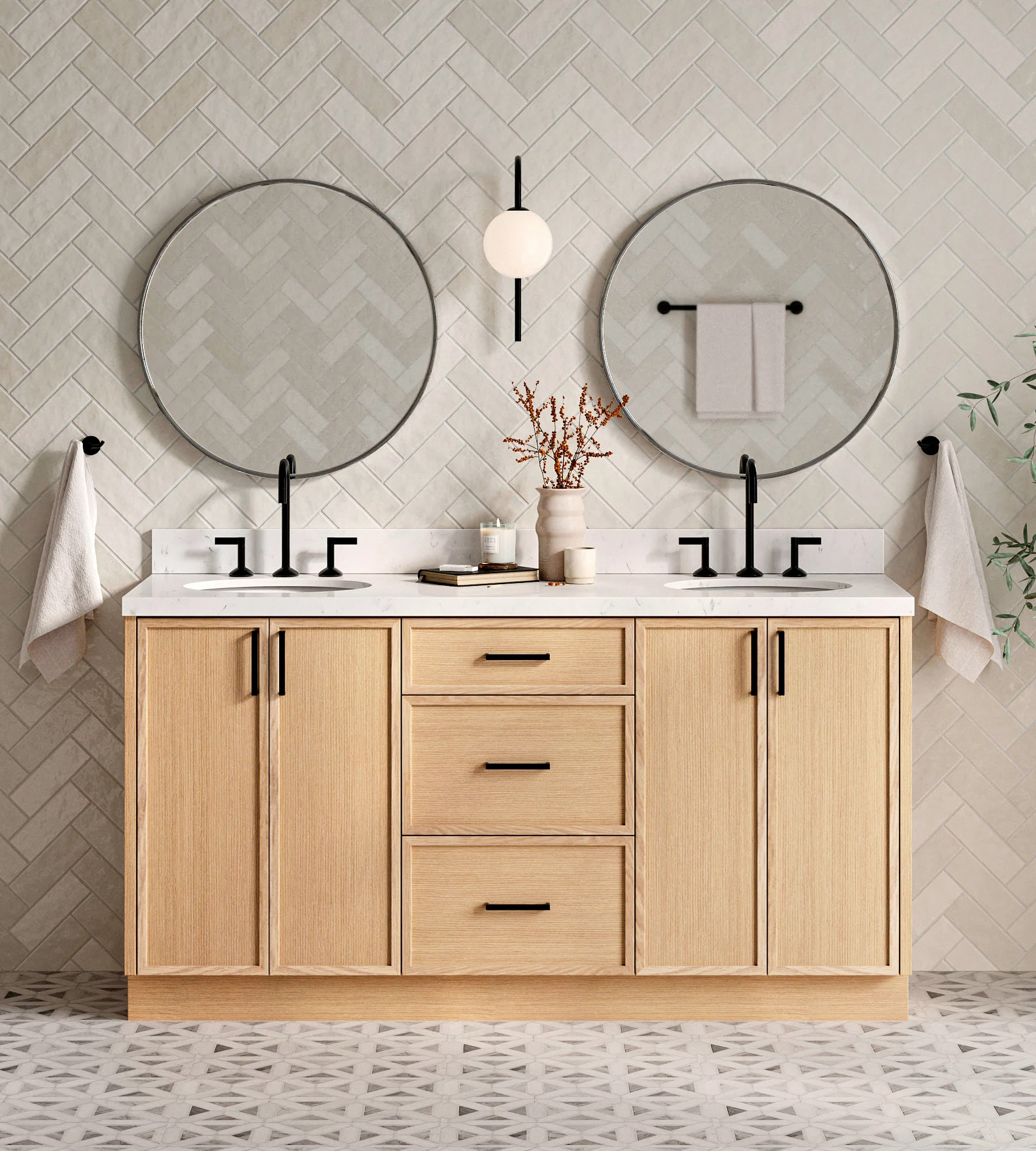 ARIEL Kelly 66 Inch Double Oval Sink Bathroom Vanity With Carrara White Quartz Countertop 1.5 Inch Edge In Oak