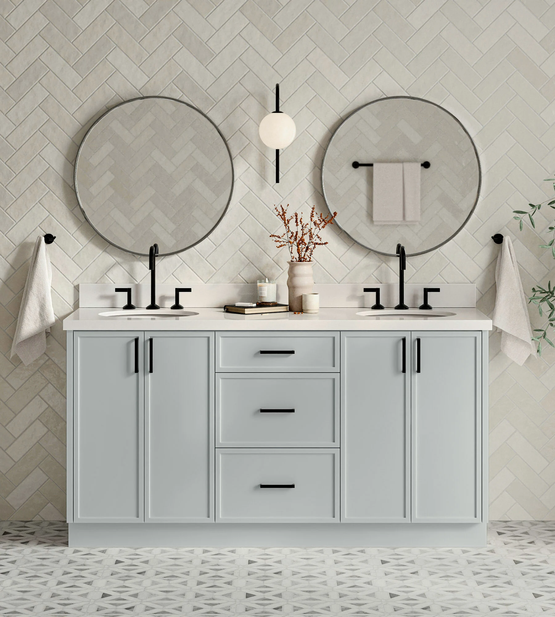 ARIEL Kelly 67 Inch Double Oval Sink Bathroom Vanity With Pure White Quartz Countertop 1.5 Inch Edge In Grey