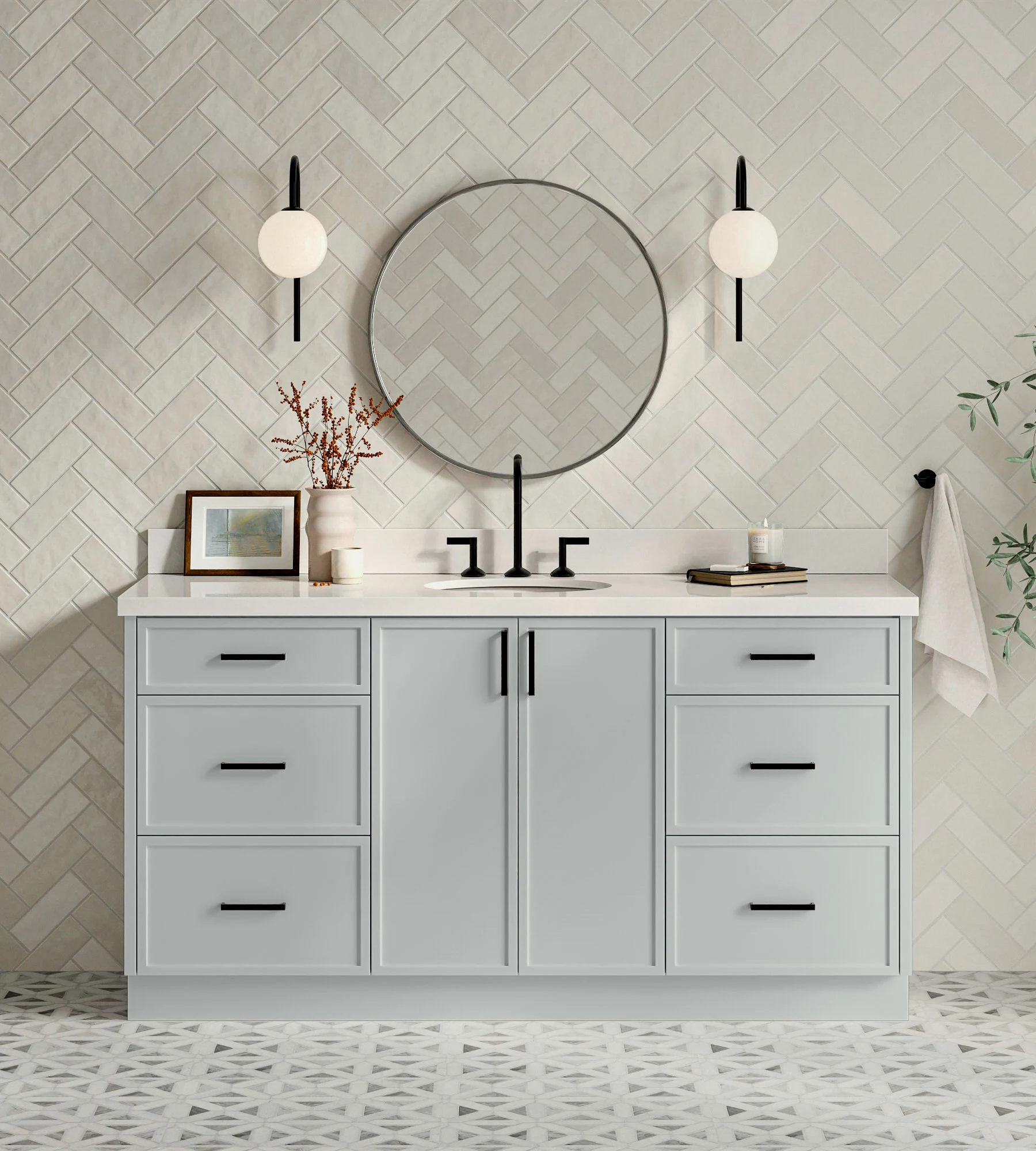ARIEL Kelly 67 Inch Single Oval Sink Bathroom Vanity With Pure White Quartz Countertop 1.5 Inch Edge In Grey