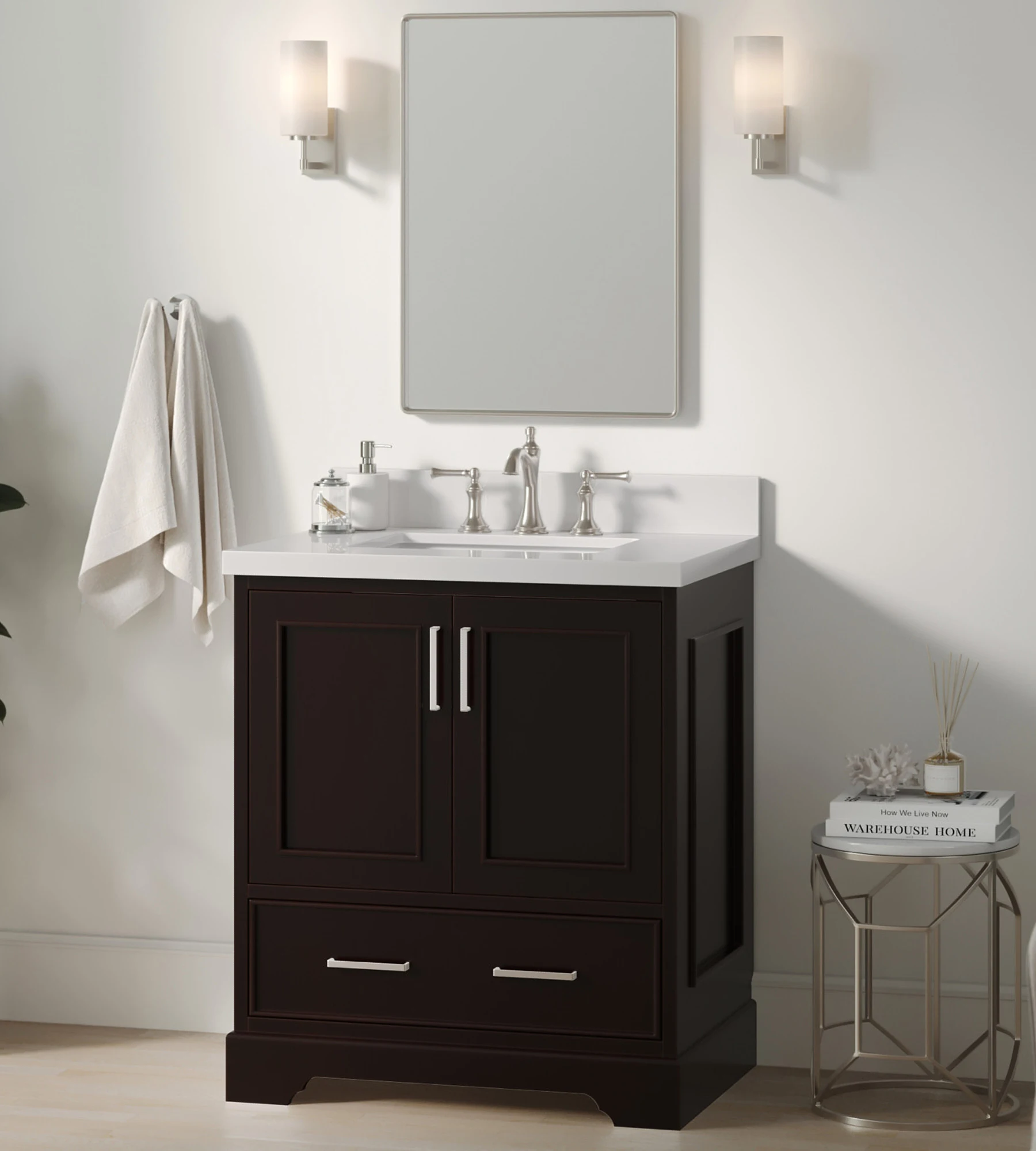 ARIEL Stafford 30.5 In. Single Rectangle Sink Vanity Pure White Quartz Countertop W/1.5" Edge In Espresso