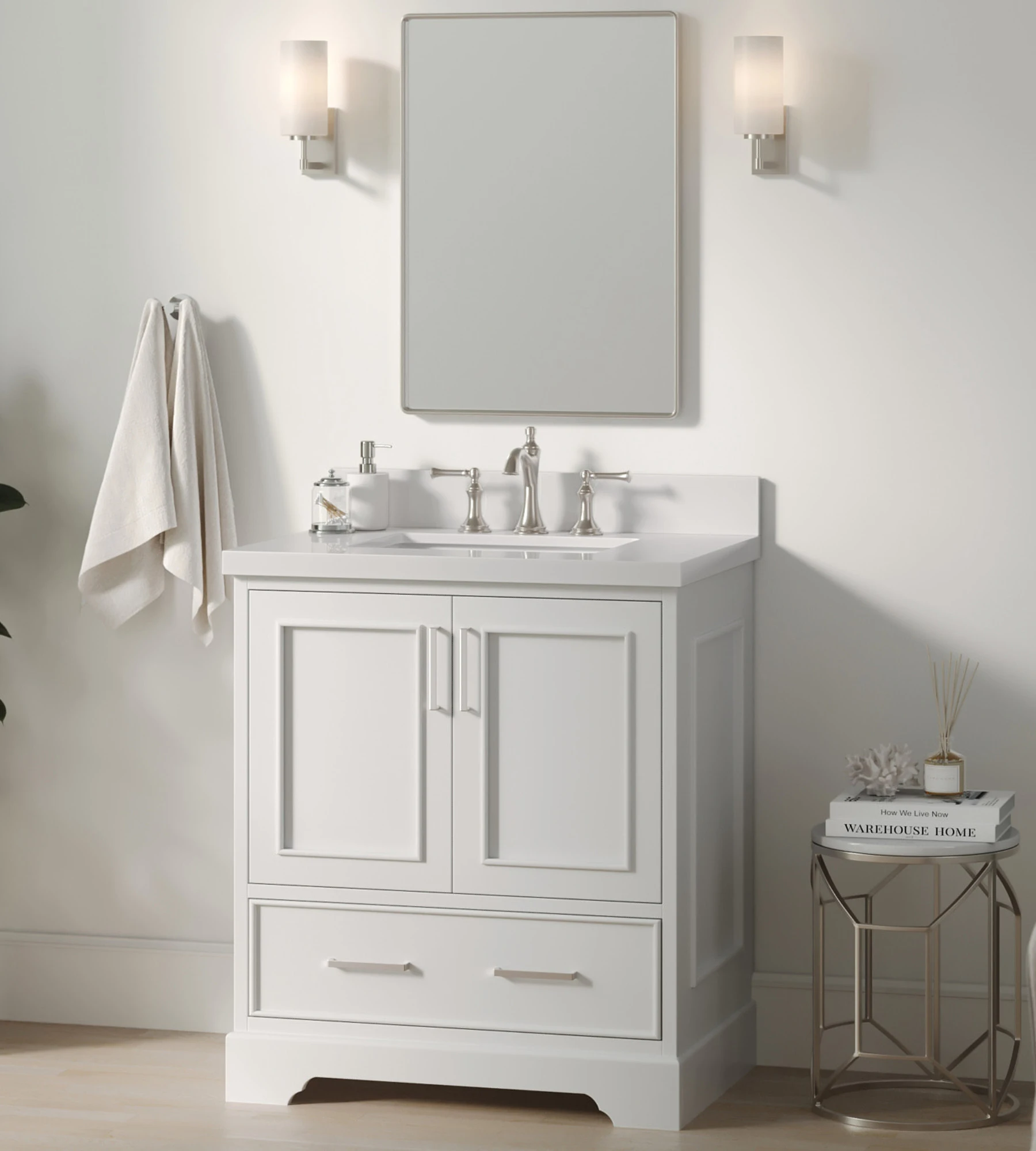 ARIEL Stafford 30.5 In. Single Rectangle Sink Vanity Pure White Quartz Countertop W/1.5" Edge In White