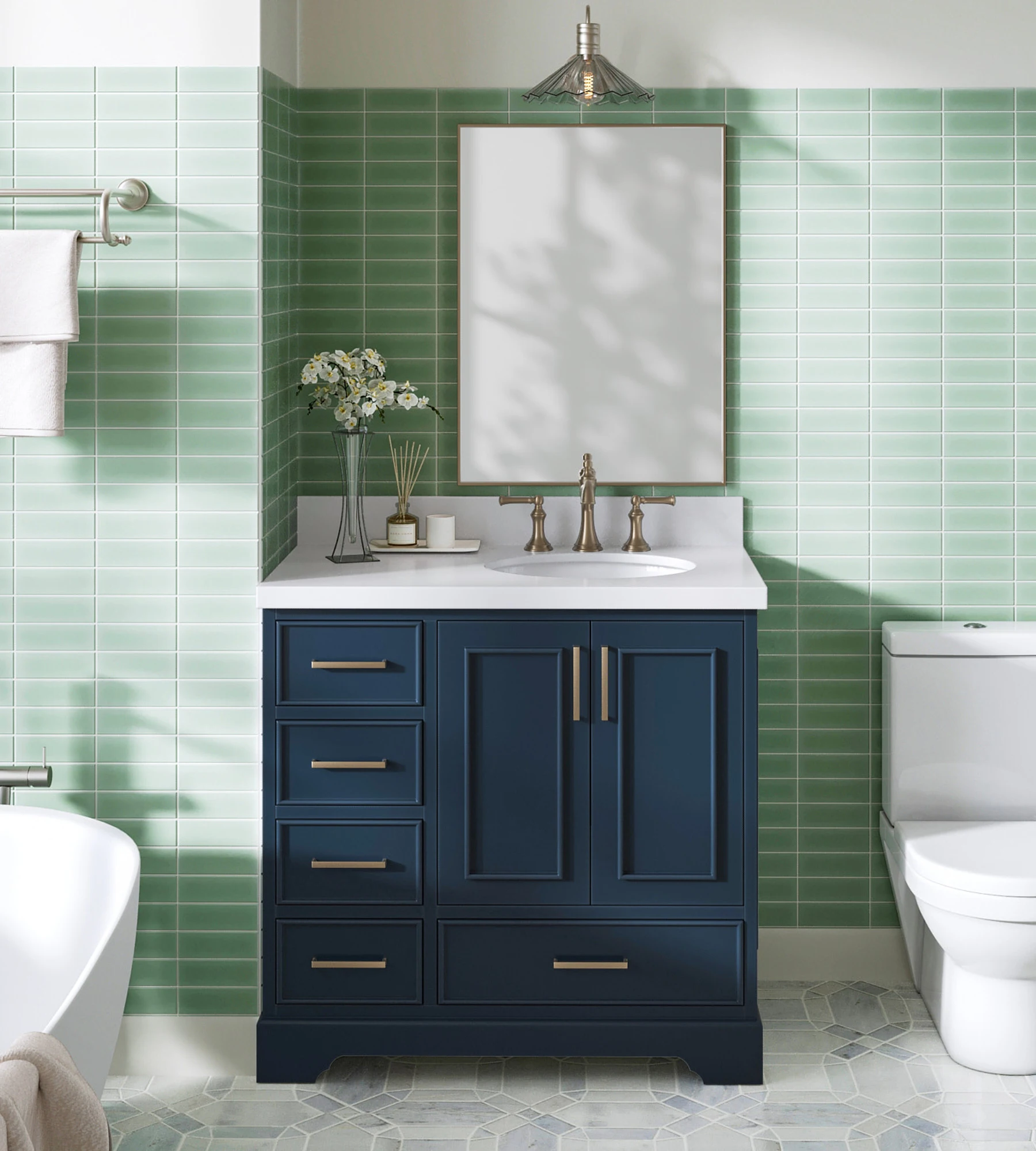 ARIEL Stafford 37 Inch Single Right Offset Oval Sink Vanity With White Quartz Countertop W/1.5" Edge In Midnight Blue
