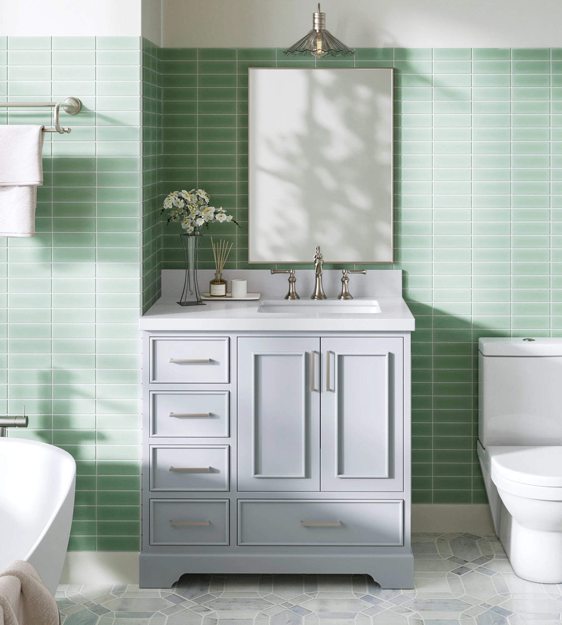 ARIEL Stafford 37 Inch Single Right Offset Rectangle Sink Vanity With White Quartz Countertop W/1.5" Edge In Grey