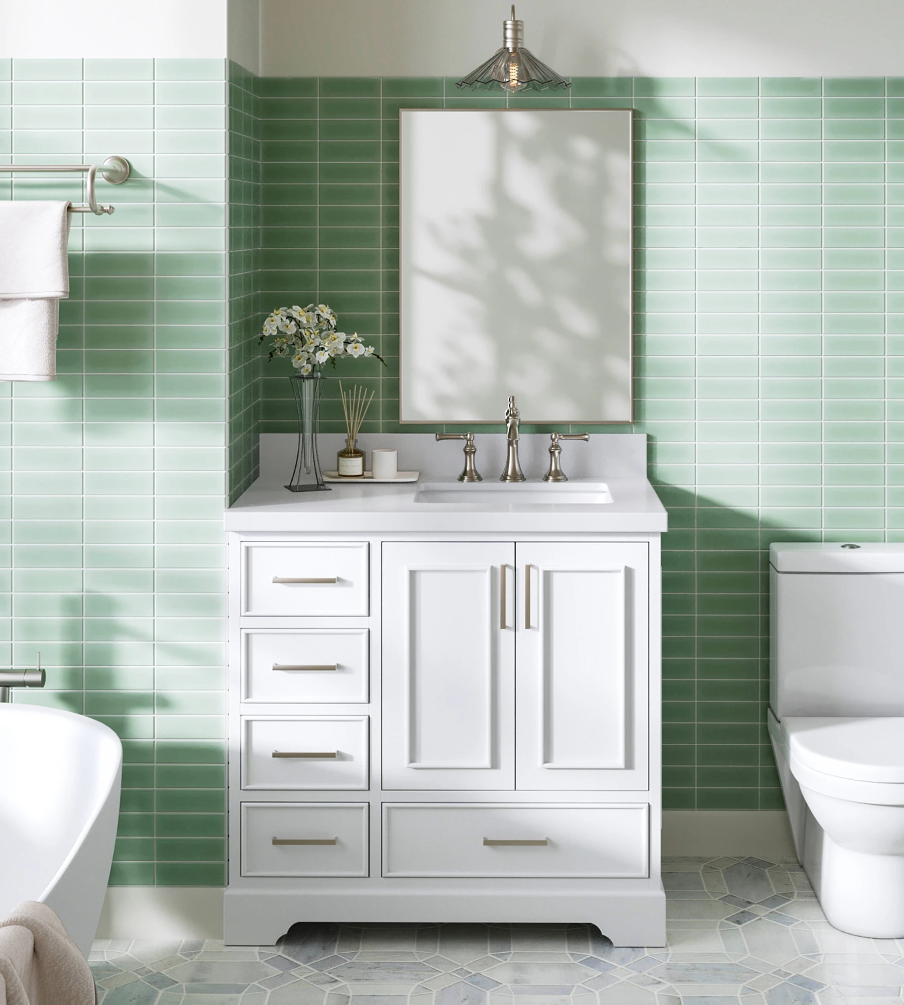 ARIEL Stafford 37 Inch Single Right Offset Rectangle Sink Vanity With White Quartz Countertop W/1.5" Edge In White