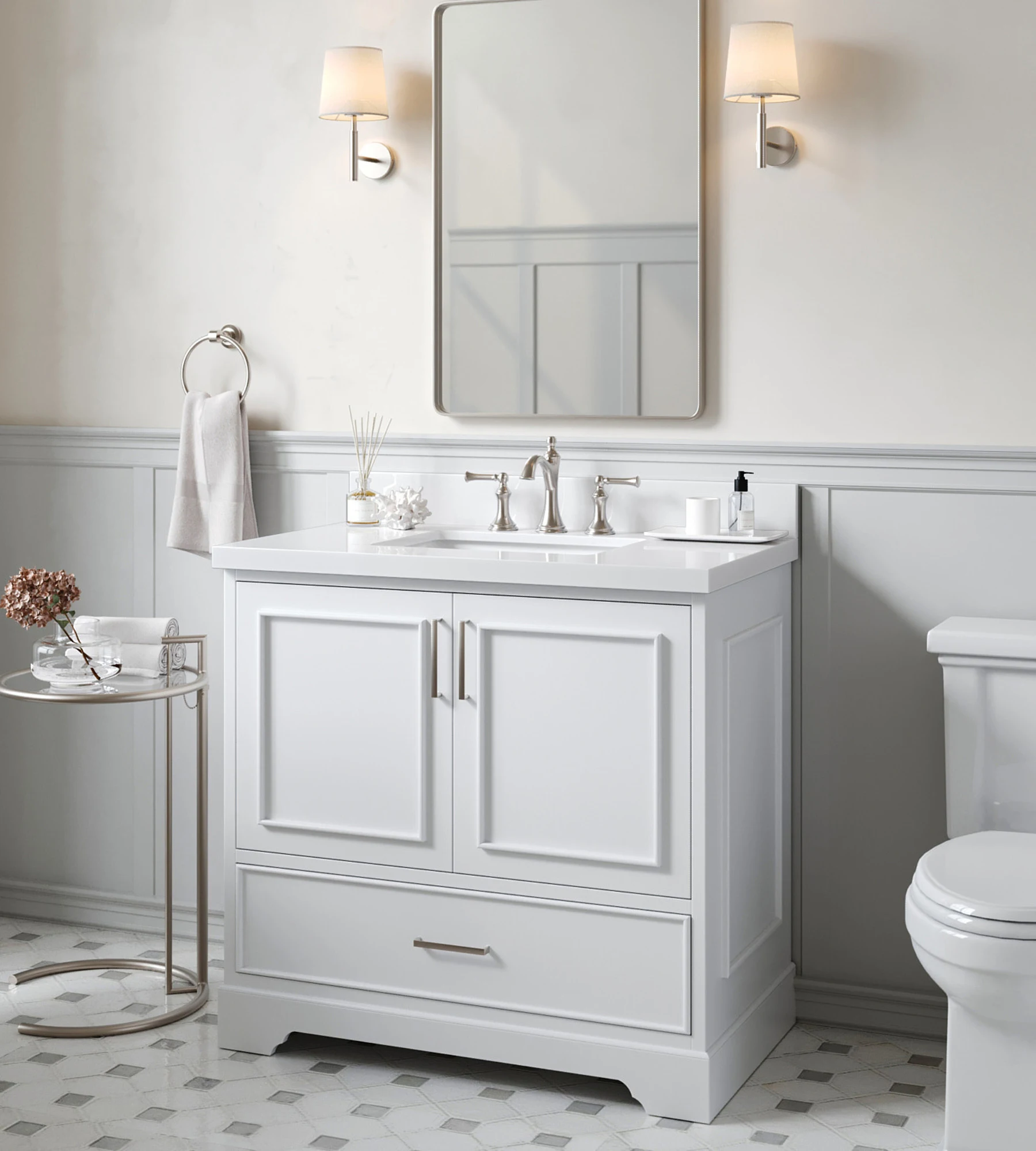 ARIEL Stafford 37 Inch Single Rectangle Sink Vanity With White Quartz Countertop W/1.5" Edge In White
