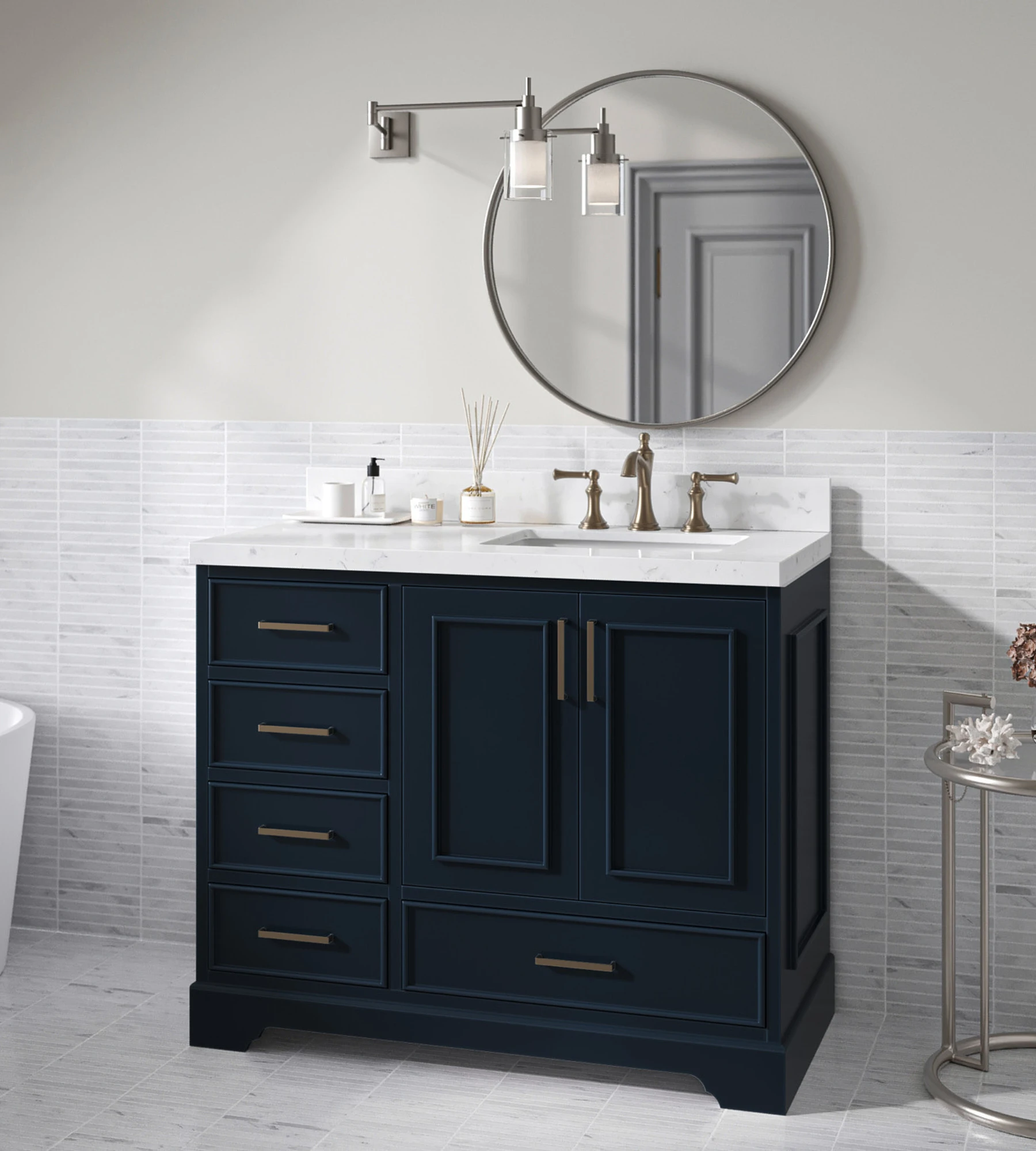 ARIEL Stafford 42 Inch Single Sink Base Cabinet Right Offset In Midnight Blue