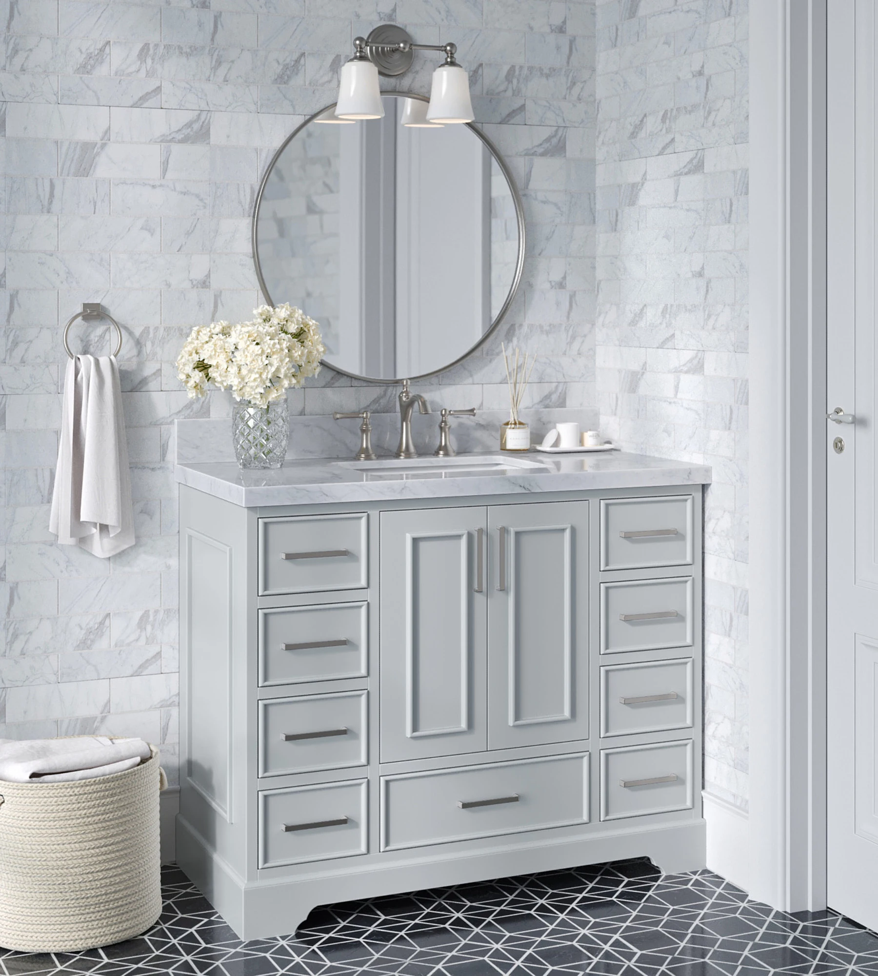 ARIEL Stafford 43 Inch Single Rectangle Sink Vanity With Italian Carrara White Marble Countertop W/1.5" Edge In Grey