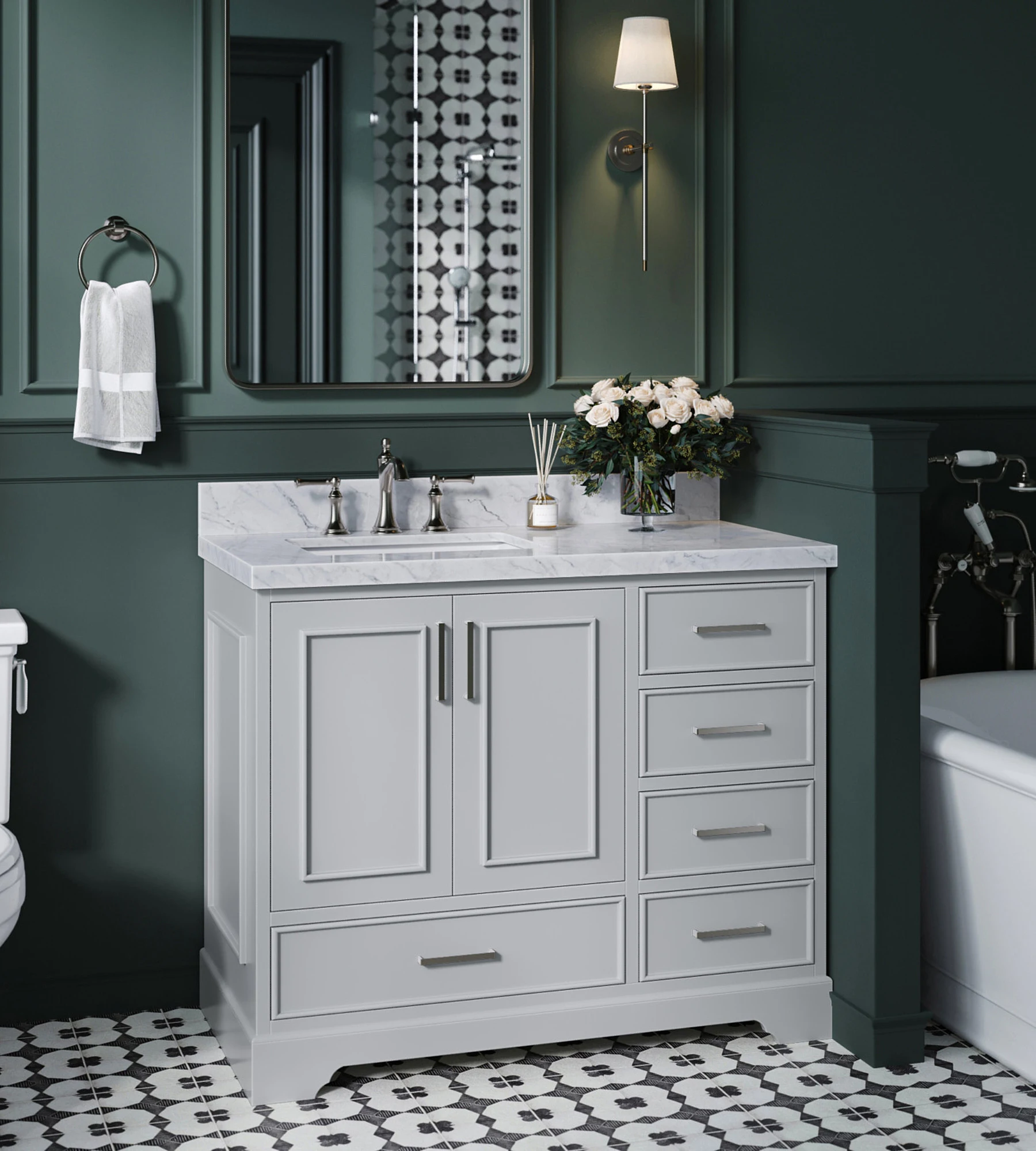 ARIEL Stafford 43 Inch Single Left Offset Rectangle Sink Vanity With Italian Carrara White Marble Countertop W/1.5" Edge In Grey