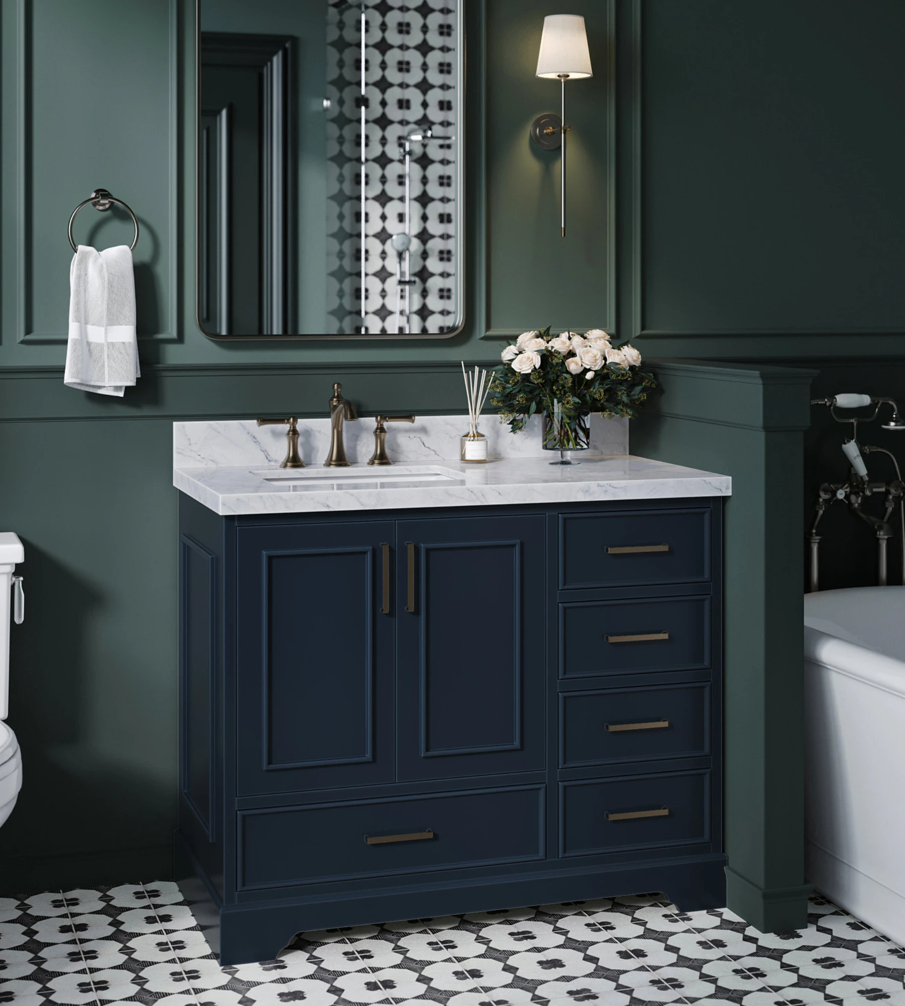 ARIEL Stafford 43 Inch Single Left Offset Rectangle Sink Vanity With Italian Carrara White Marble Countertop W/1.5" Edge In Midnight Blue
