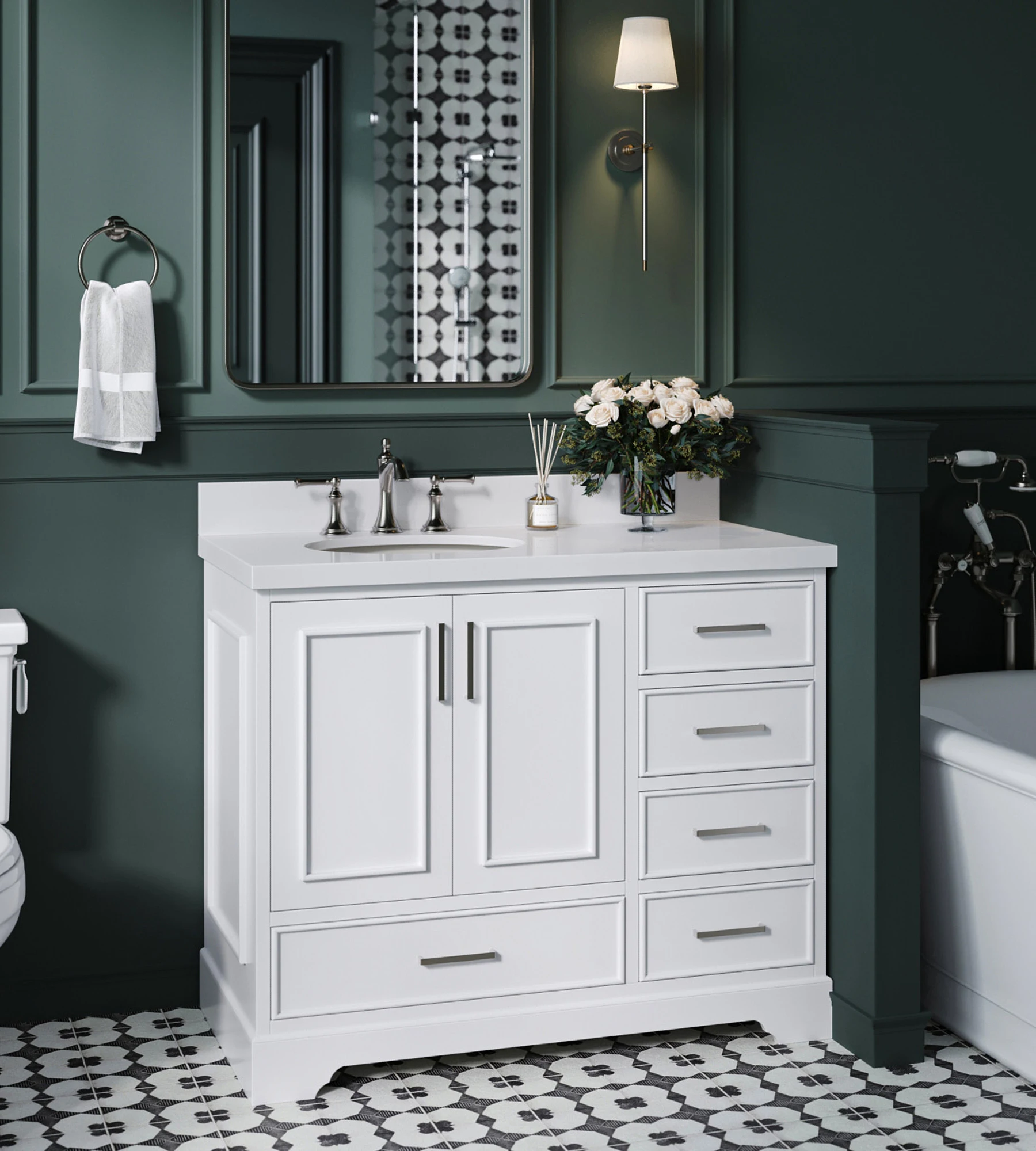 ARIEL Stafford 43 Inch Single Left Offset Oval Sink Vanity With White Quartz Countertop W/1.5" Edge In White