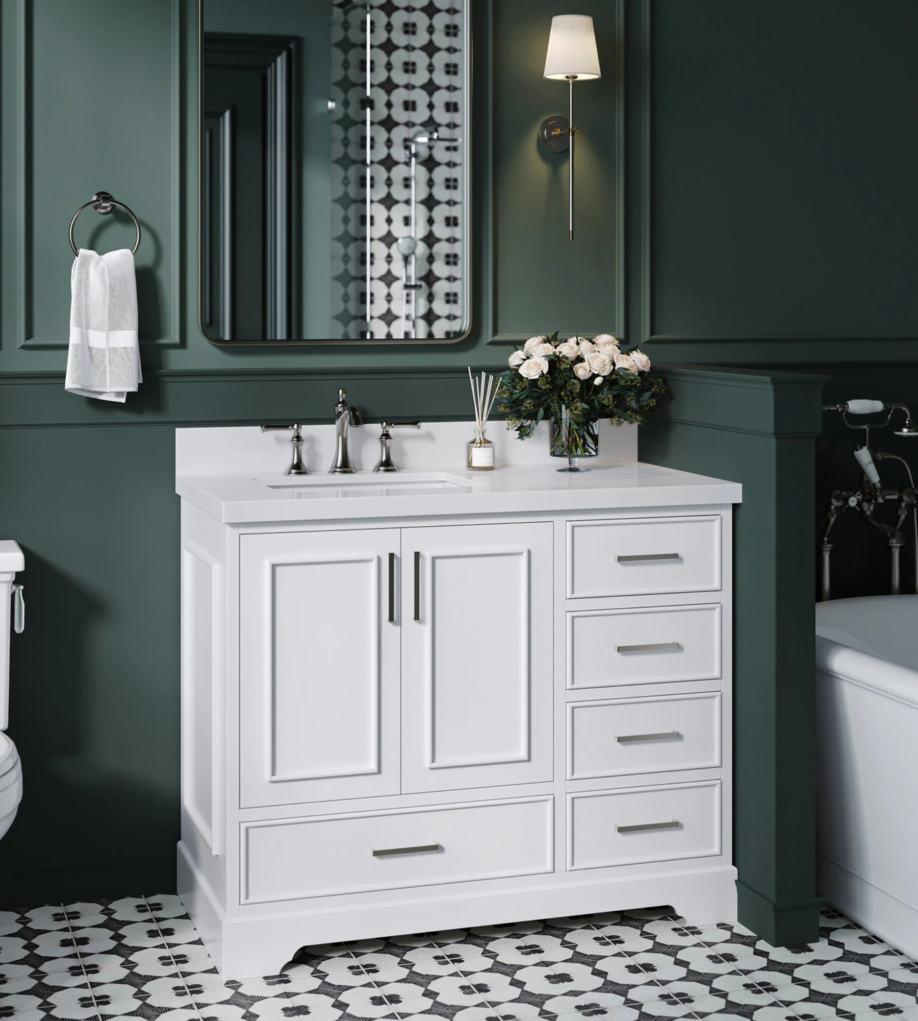 ARIEL Stafford 43 Inch Single Left Offset Rectangle Sink Vanity With White Quartz Countertop W/1.5" Edge In White