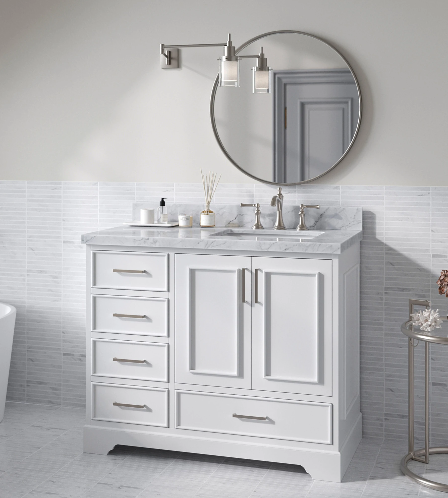 ARIEL Stafford 43 Inch Single Right Offset Rectangle Sink Vanity With Italian Carrara White Marble Countertop W/1.5" Edge In White