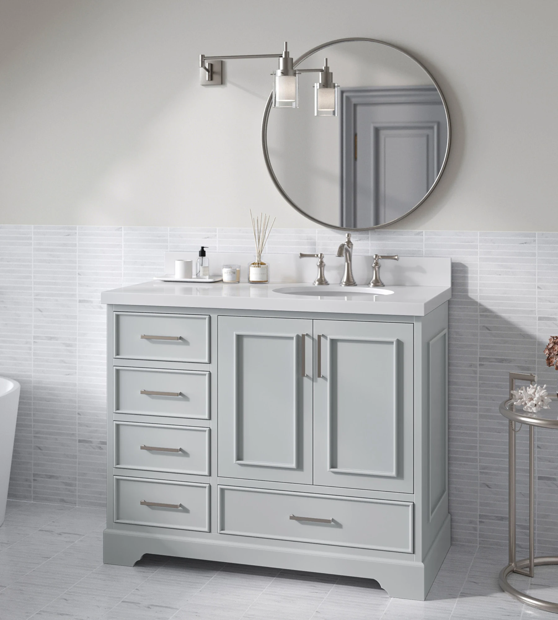 ARIEL Stafford 43 Inch Single Right Offset Oval Sink Vanity With White Quartz Countertop W/1.5" Edge In Grey