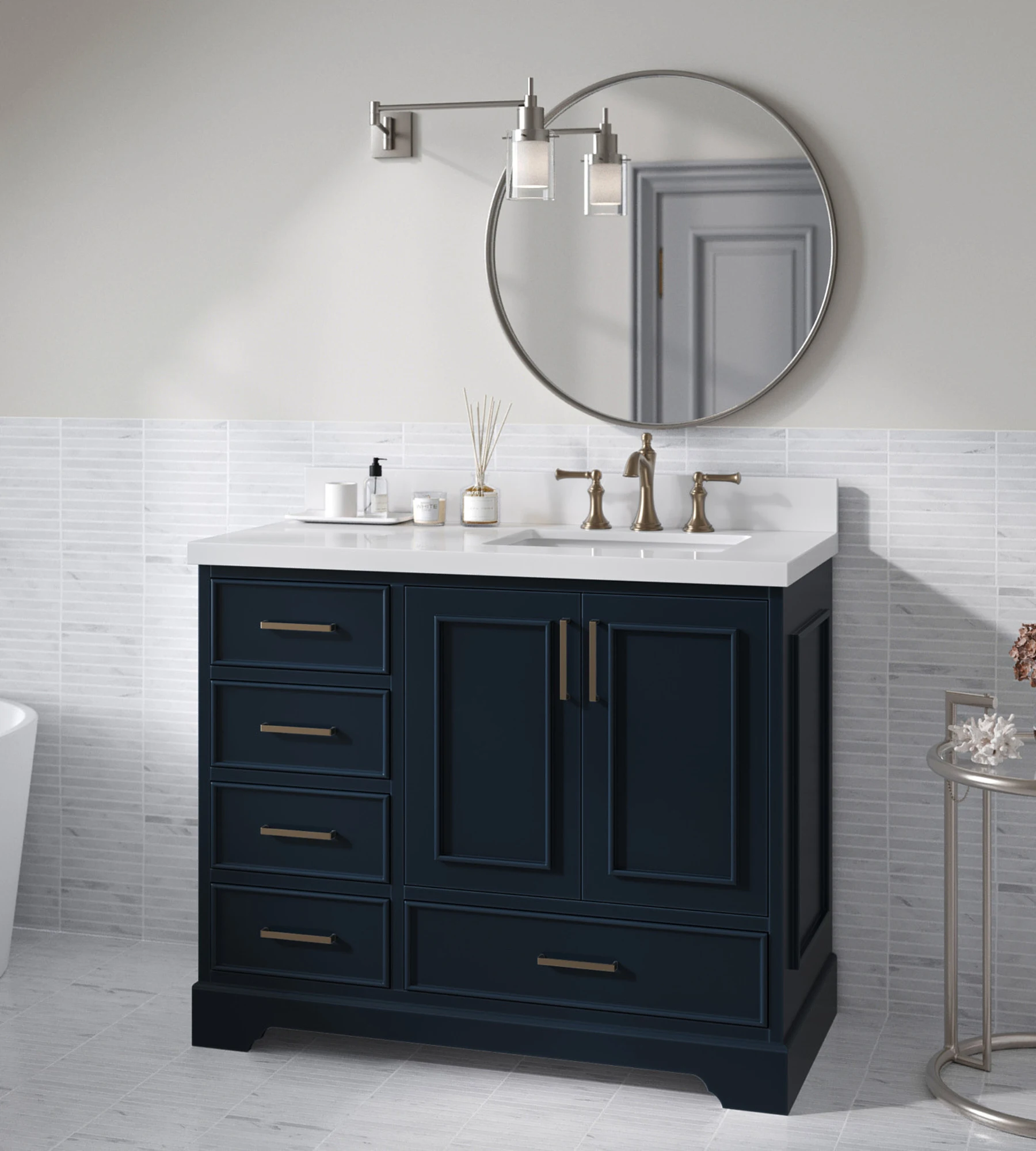 ARIEL Stafford 43 Inch Single Right Offset Rectangle Sink Vanity With White Quartz Countertop W/1.5" Edge In Midnight Blue