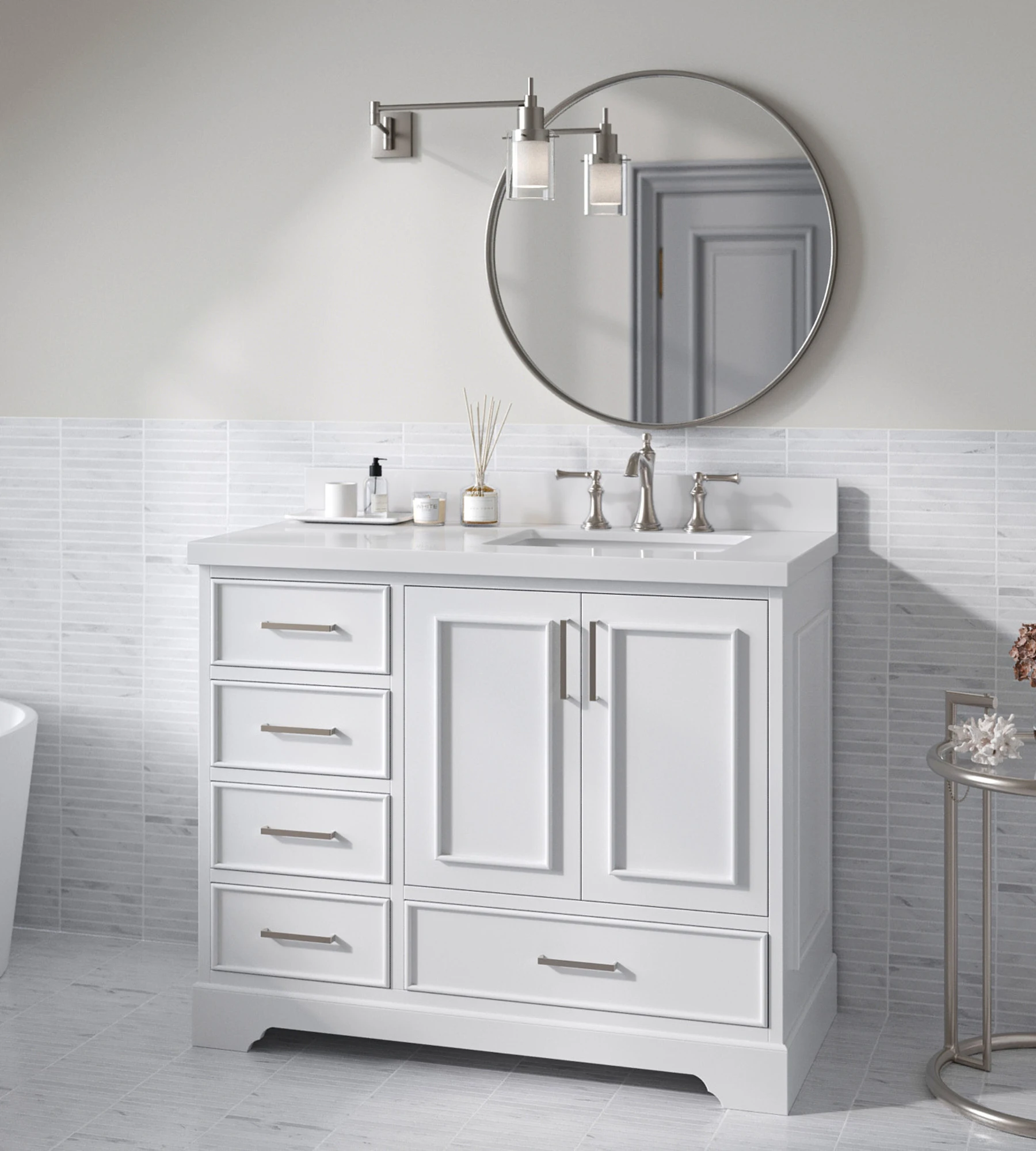 ARIEL Stafford 43 Inch Single Right Offset Rectangle Sink Vanity With White Quartz Countertop W/1.5" Edge In White