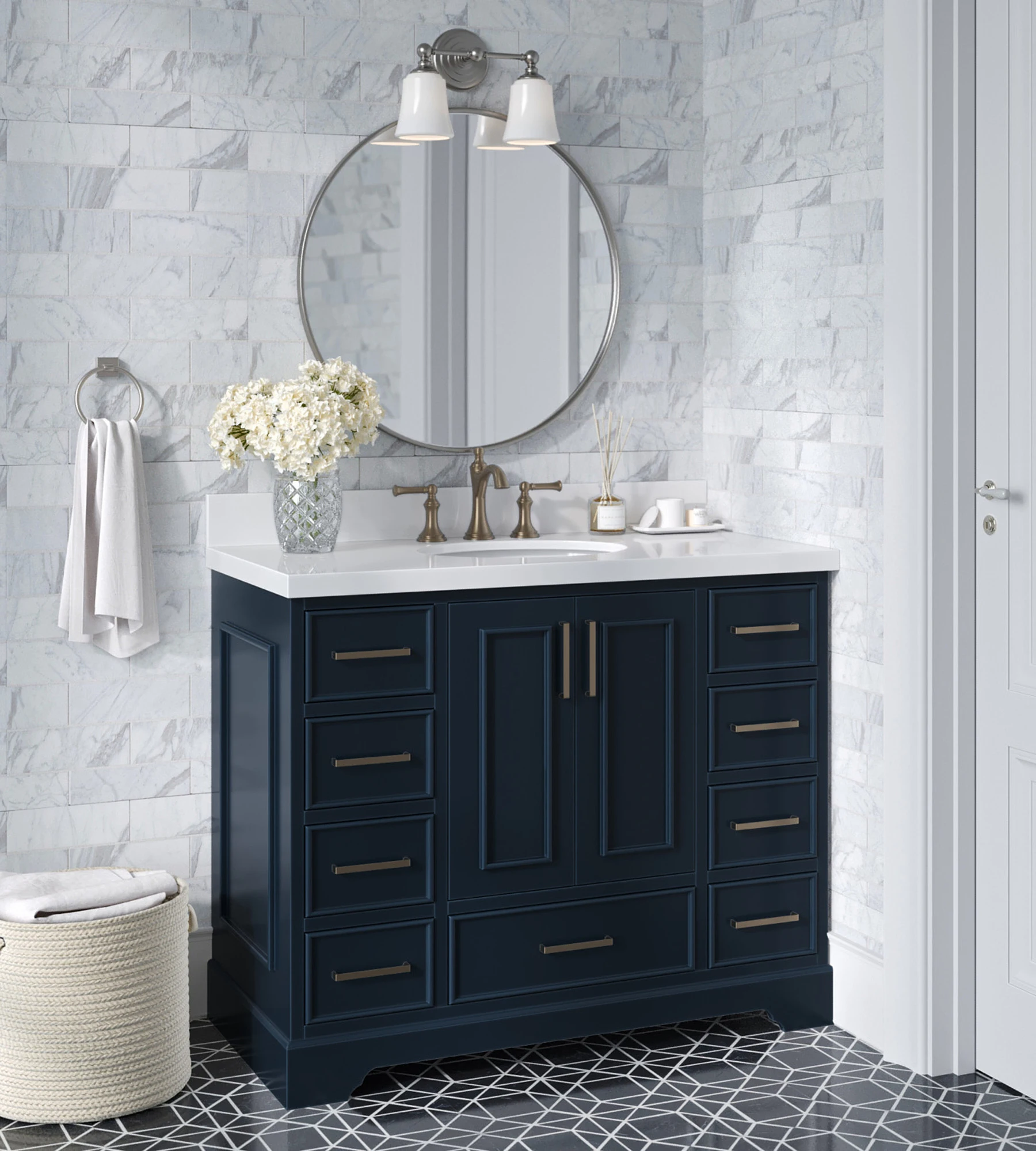 ARIEL Stafford 43 Inch Single Oval Sink Vanity With White Quartz Countertop W/1.5" Edge In Midnight Blue