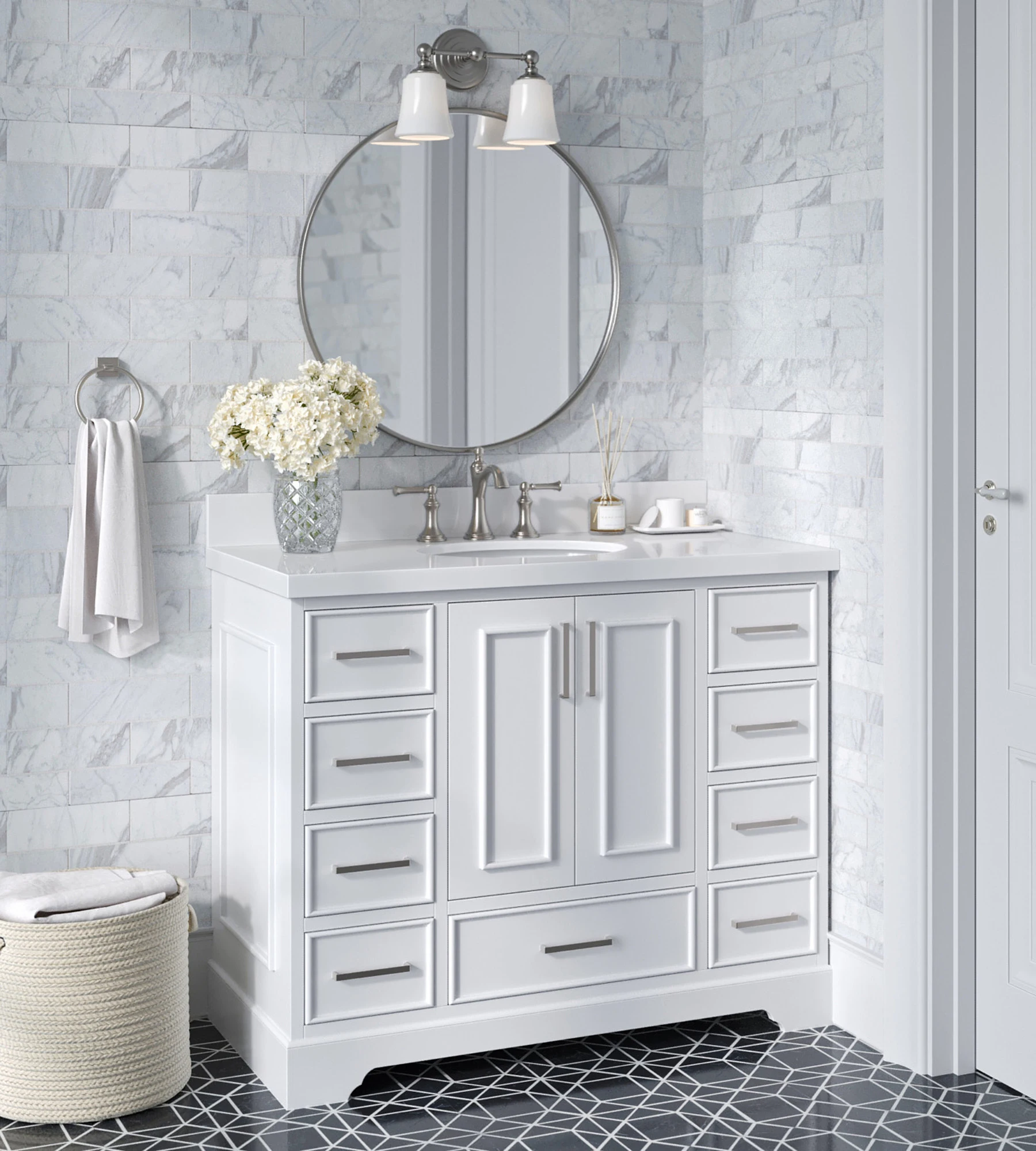 ARIEL Stafford 43 Inch Single Oval Sink Vanity With White Quartz Countertop W/1.5" Edge In White