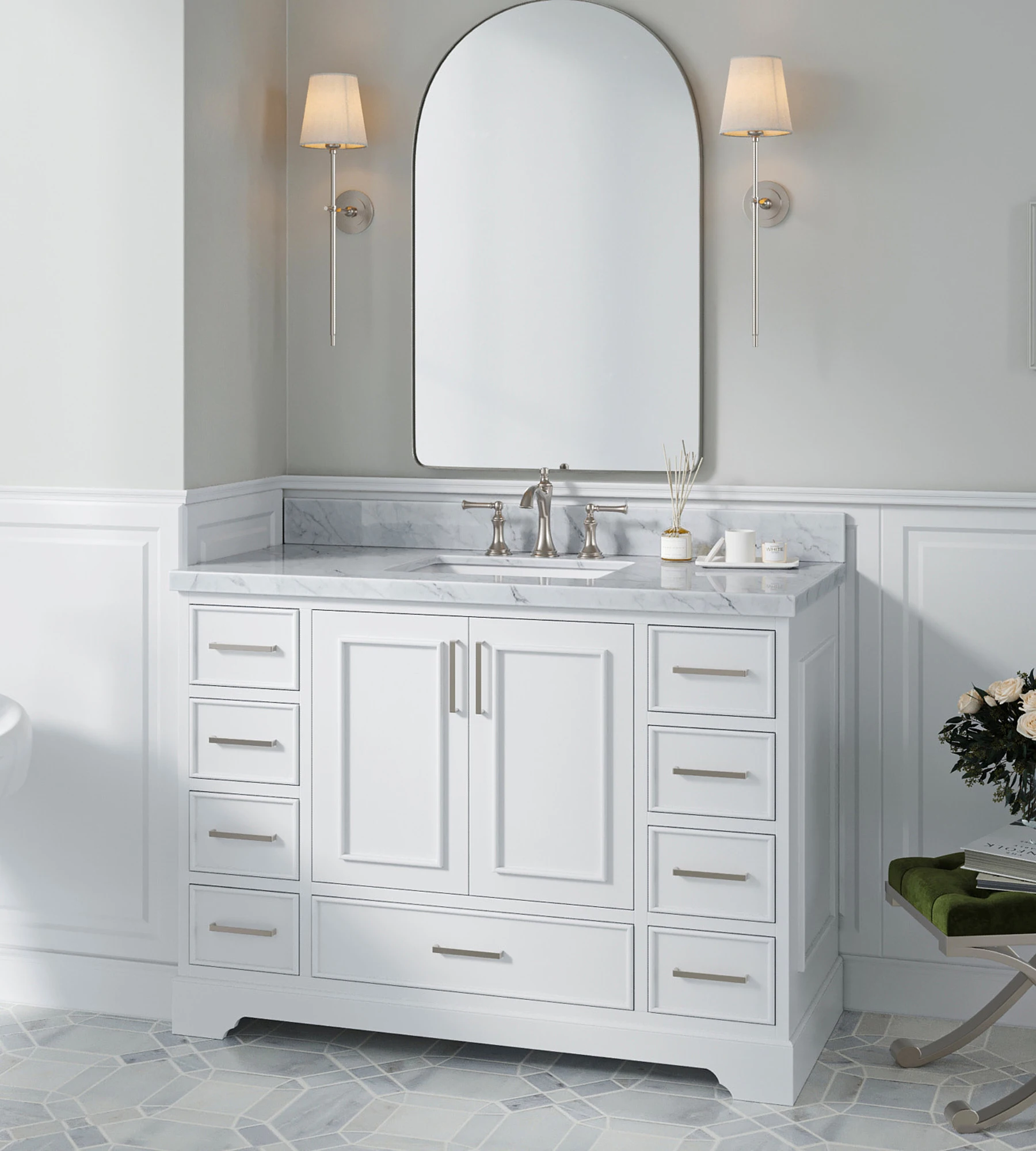 ARIEL Stafford 49 Inch Single Rectangle Sink Vanity With Italian Carrara White Marble Countertop W/1.5" Edge In White