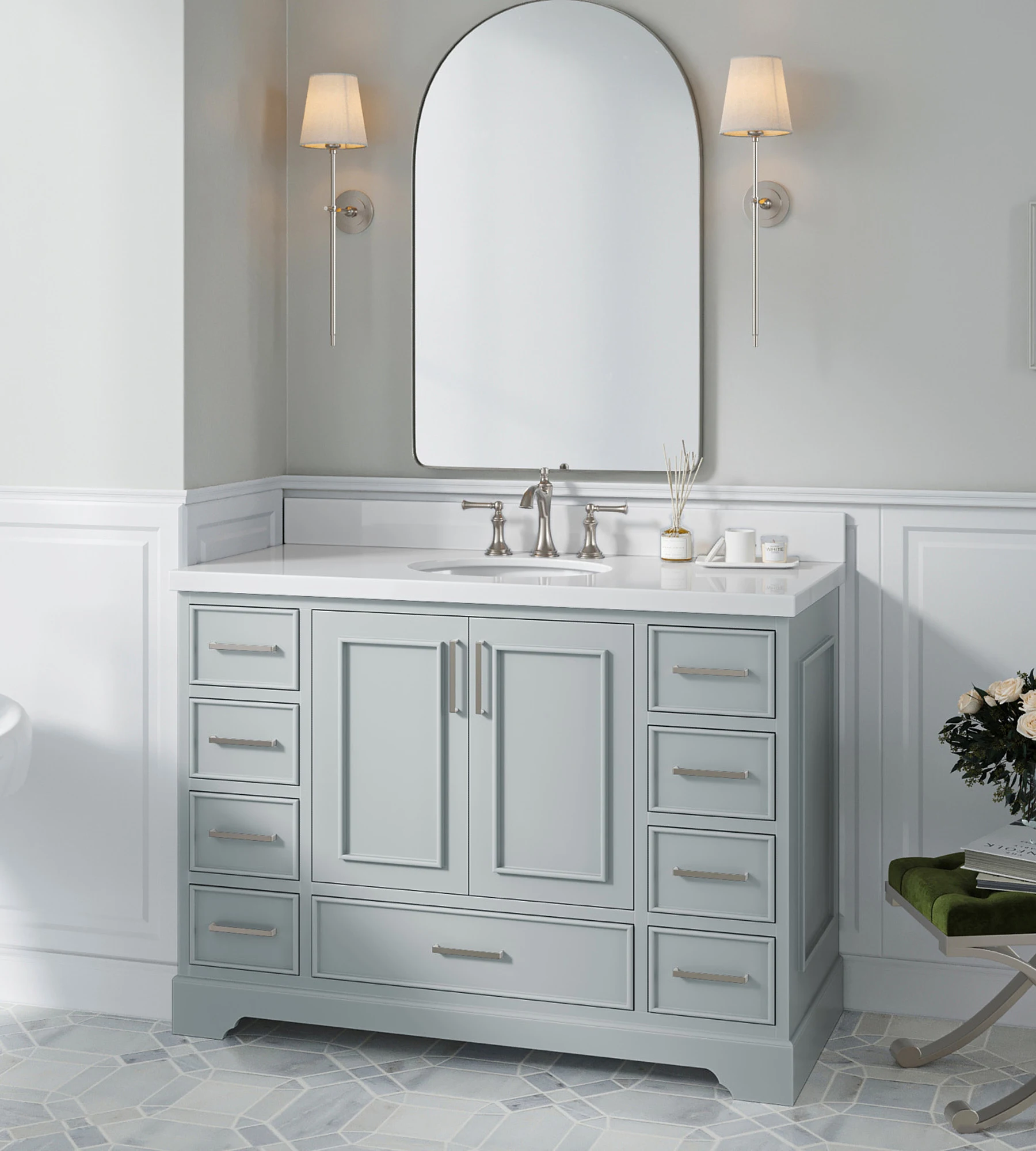 ARIEL Stafford 49 Inch Single Oval Sink Vanity With White Quartz Countertop W/1.5" Edge In Grey