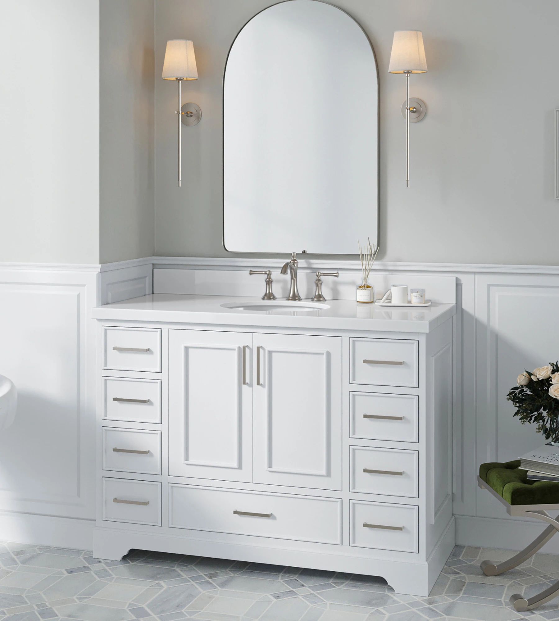 ARIEL Stafford 49 Inch Single Oval Sink Vanity With White Quartz Countertop W/1.5" Edge In White