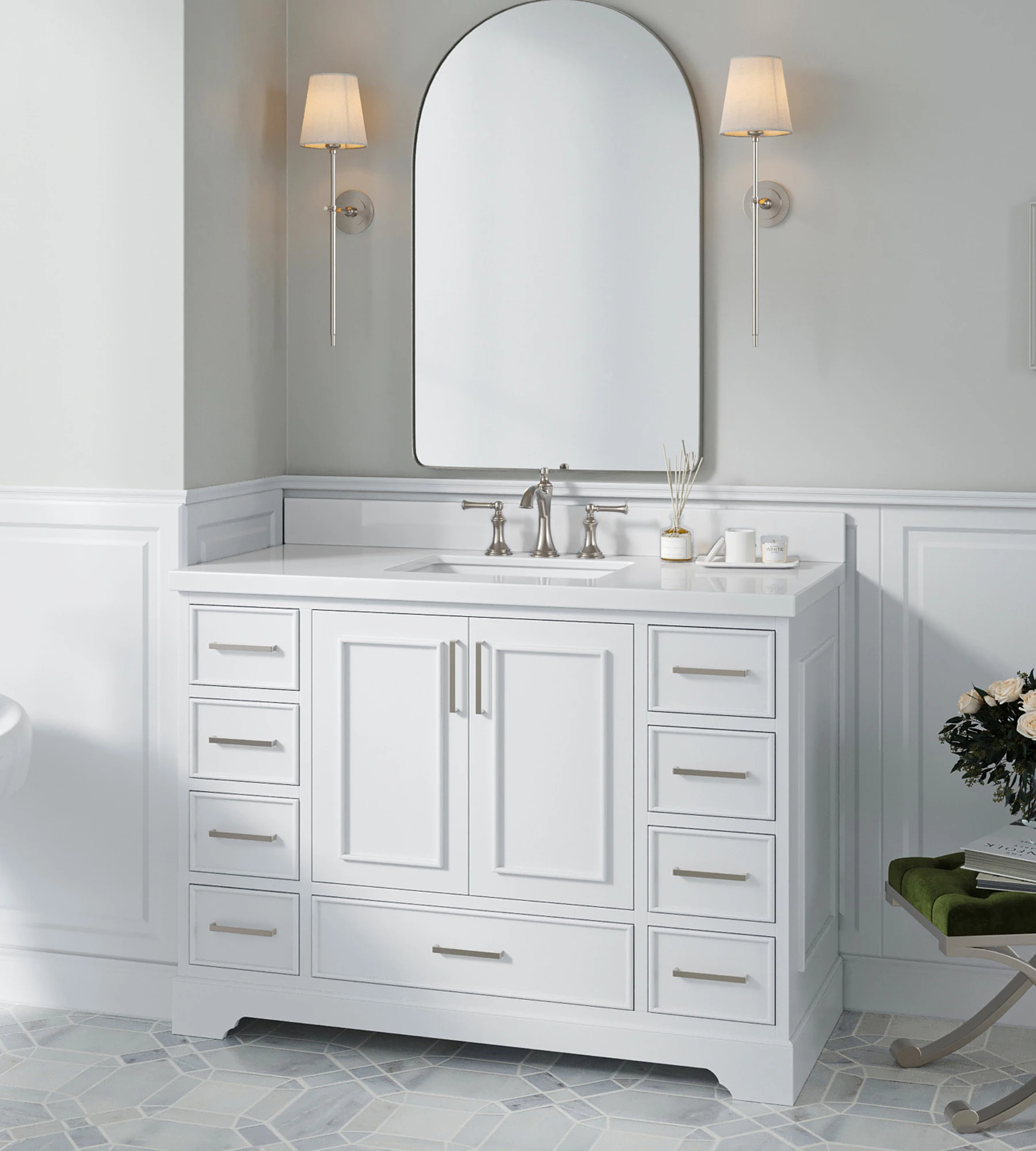 ARIEL Stafford 49 Inch Single Rectangle Sink Vanity With White Quartz Countertop W/1.5" Edge In White