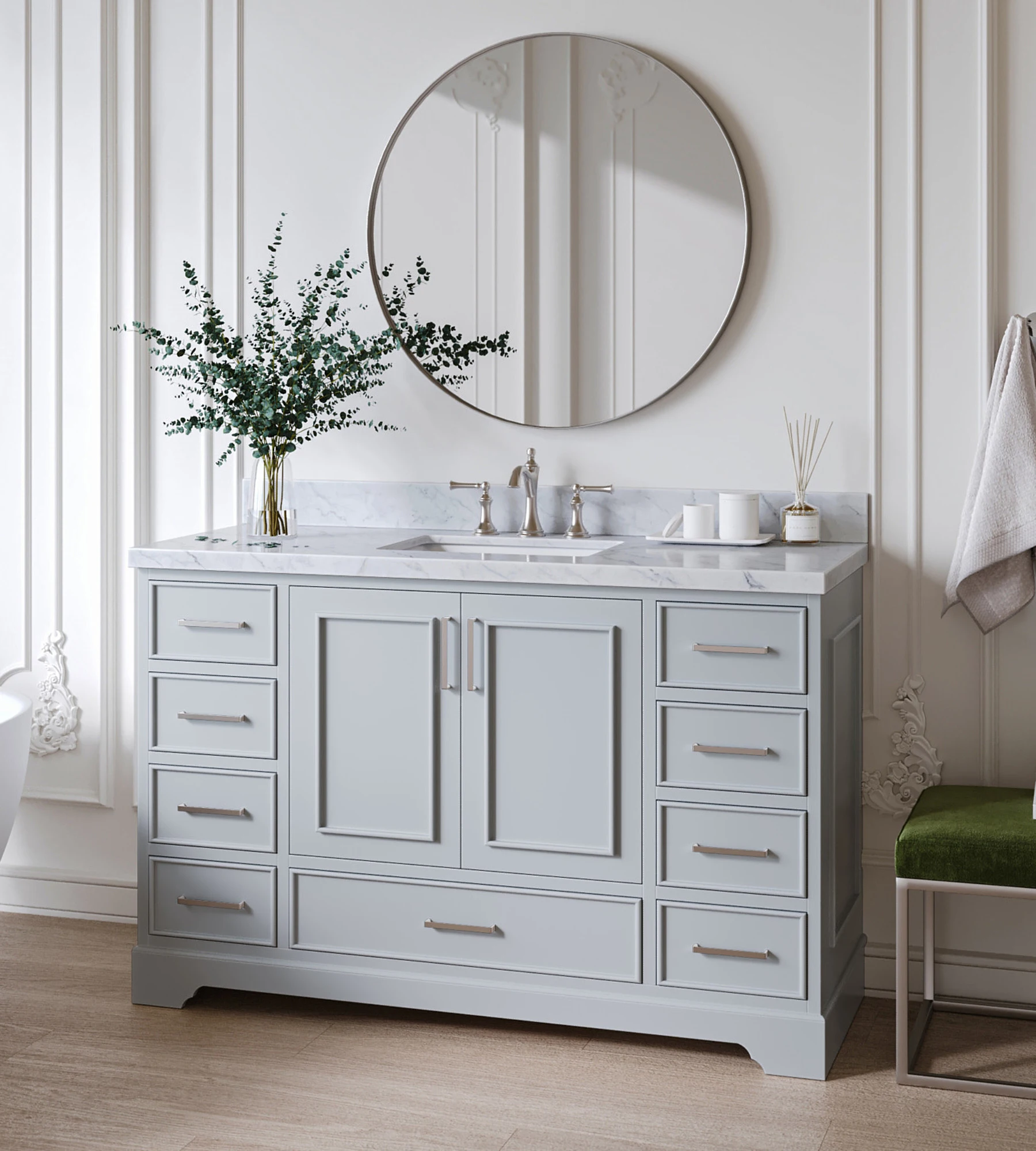 ARIEL Stafford 55 Inch Single Rectangle Sink Vanity With Italian Carrara White Marble Countertop W/1.5" Edge In Grey