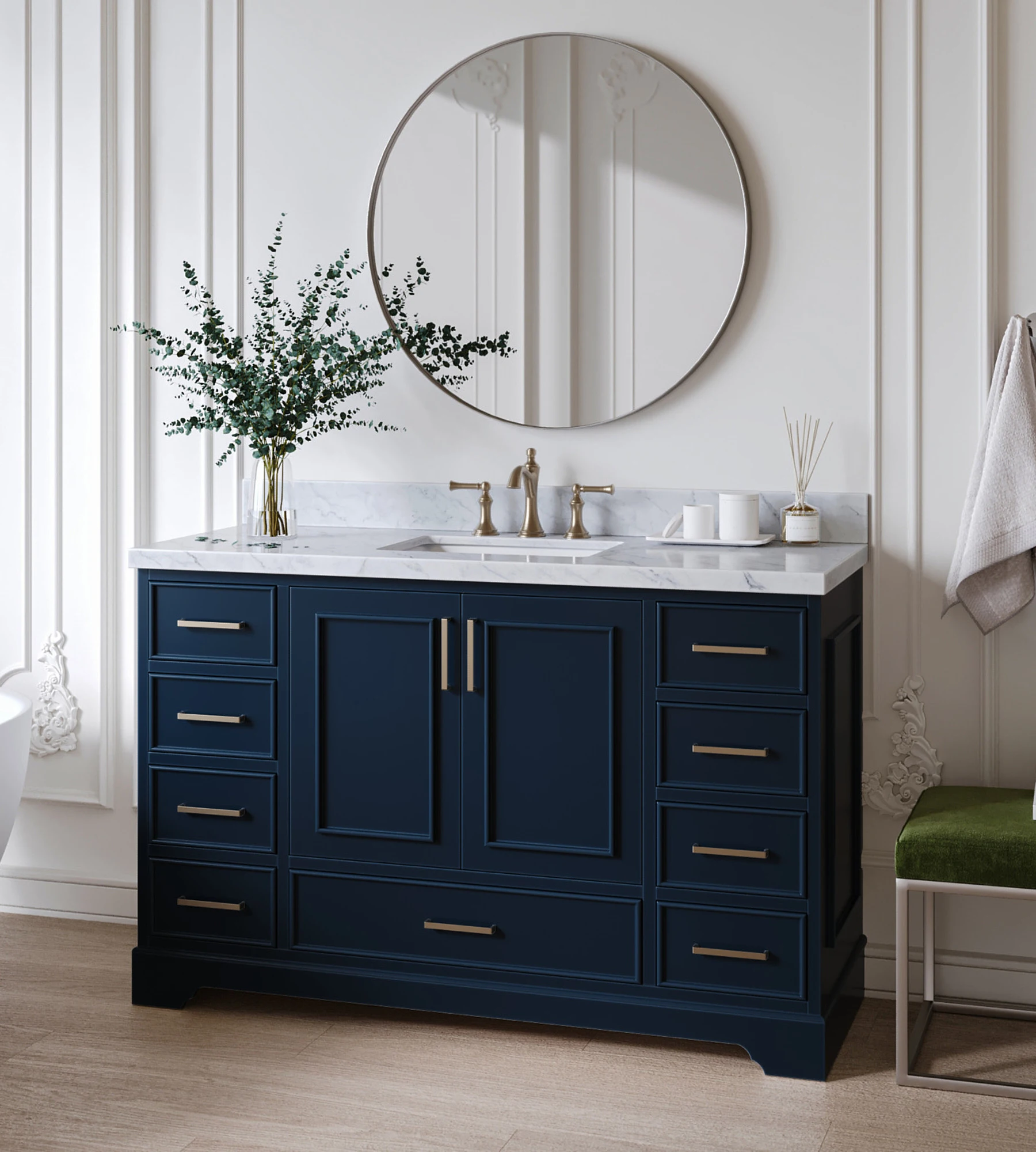 ARIEL Stafford 55 Inch Single Rectangle Sink Vanity With Italian Carrara White Marble Countertop W/1.5" Edge In Midnight Blue